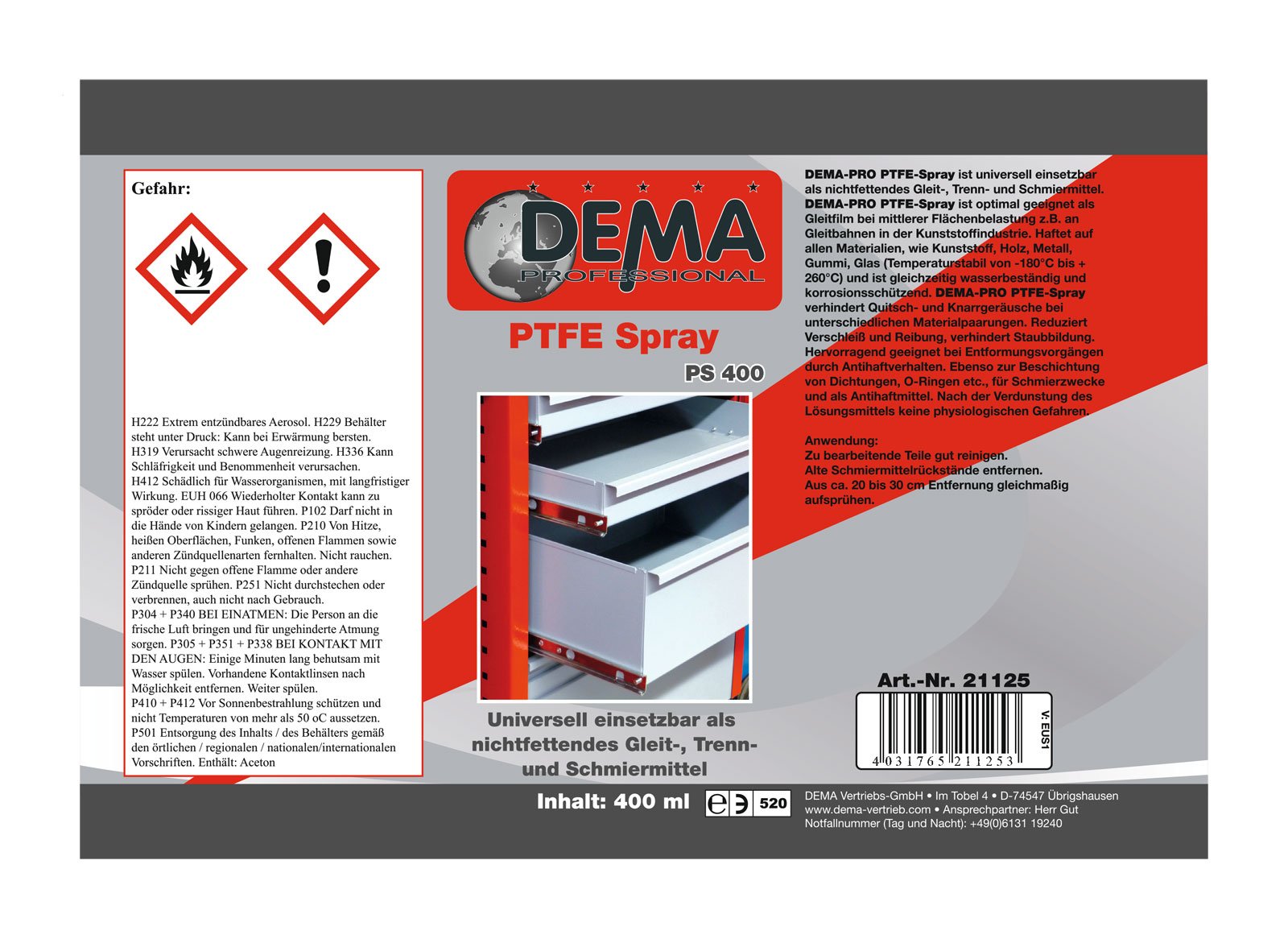 PTFE Spray/Gleitmittel Schmiermittel 400 ml nicht fettend Trennmittel :  Amazon.de: Baumarkt