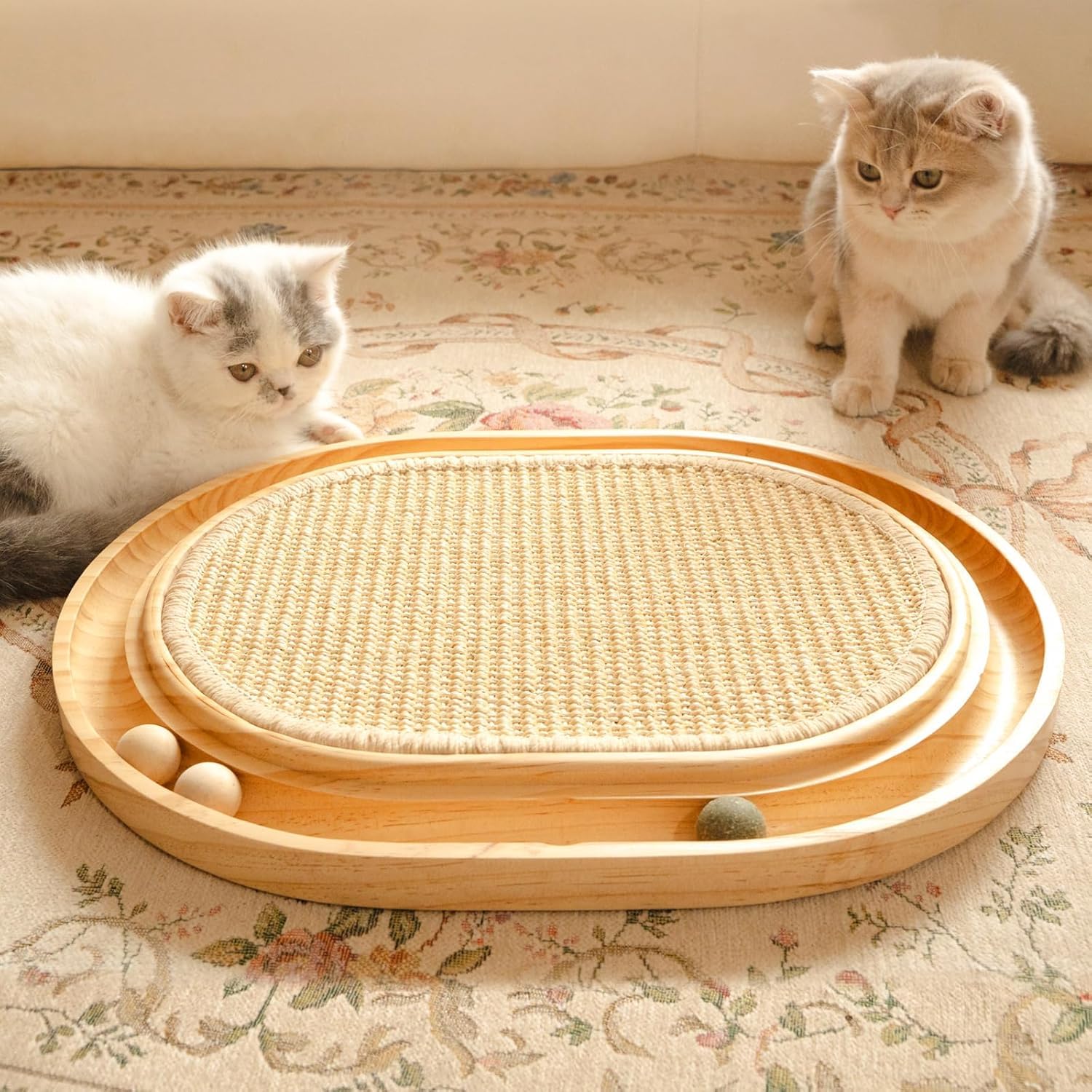 Aqiri Sisal Scratching Board - 2-IN-1 Cat Toy, Solid Pine Wood & Natural Sisal Pad & Catnip Balls - 43x33x3cm Scratching Mat for All Cats to Play and Relax