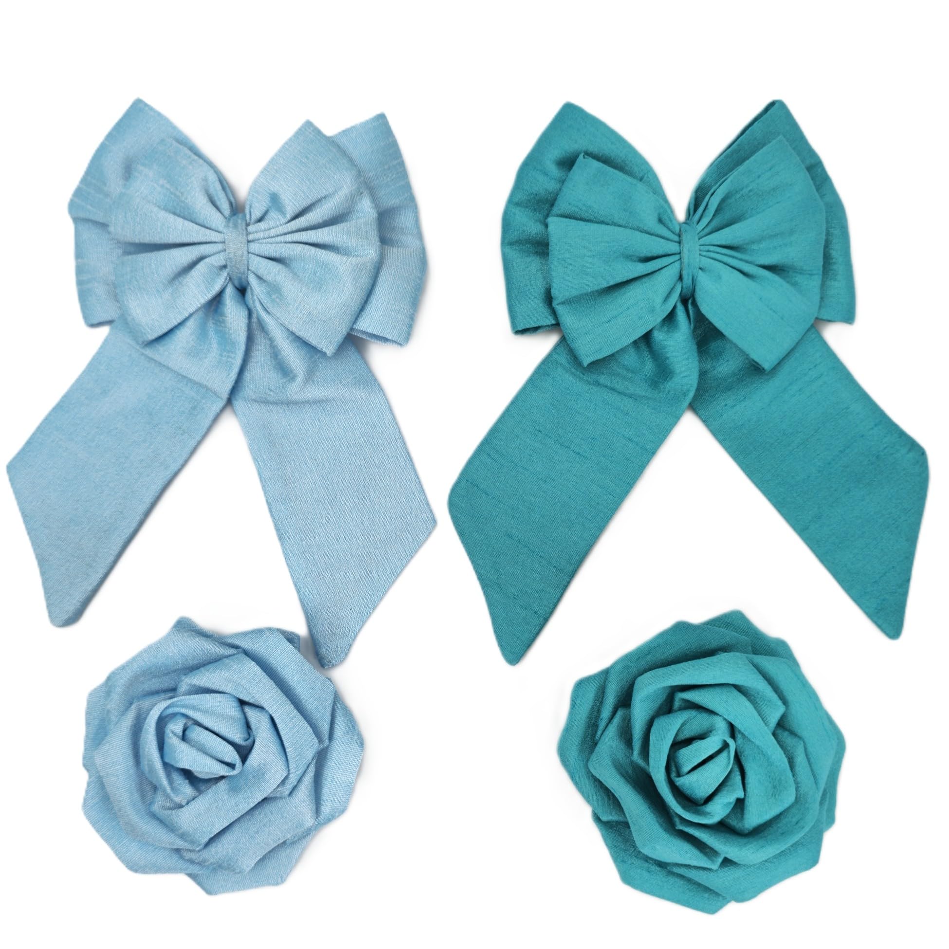 ORIENTAè Set Accessori Capelli Donna, Rosa e Fiocco con Fermaglio | Seta Thailandese, Mollette Eleganti Azzurro e Turchese, Accessori Capelli Cerimonia, Regalo Donna