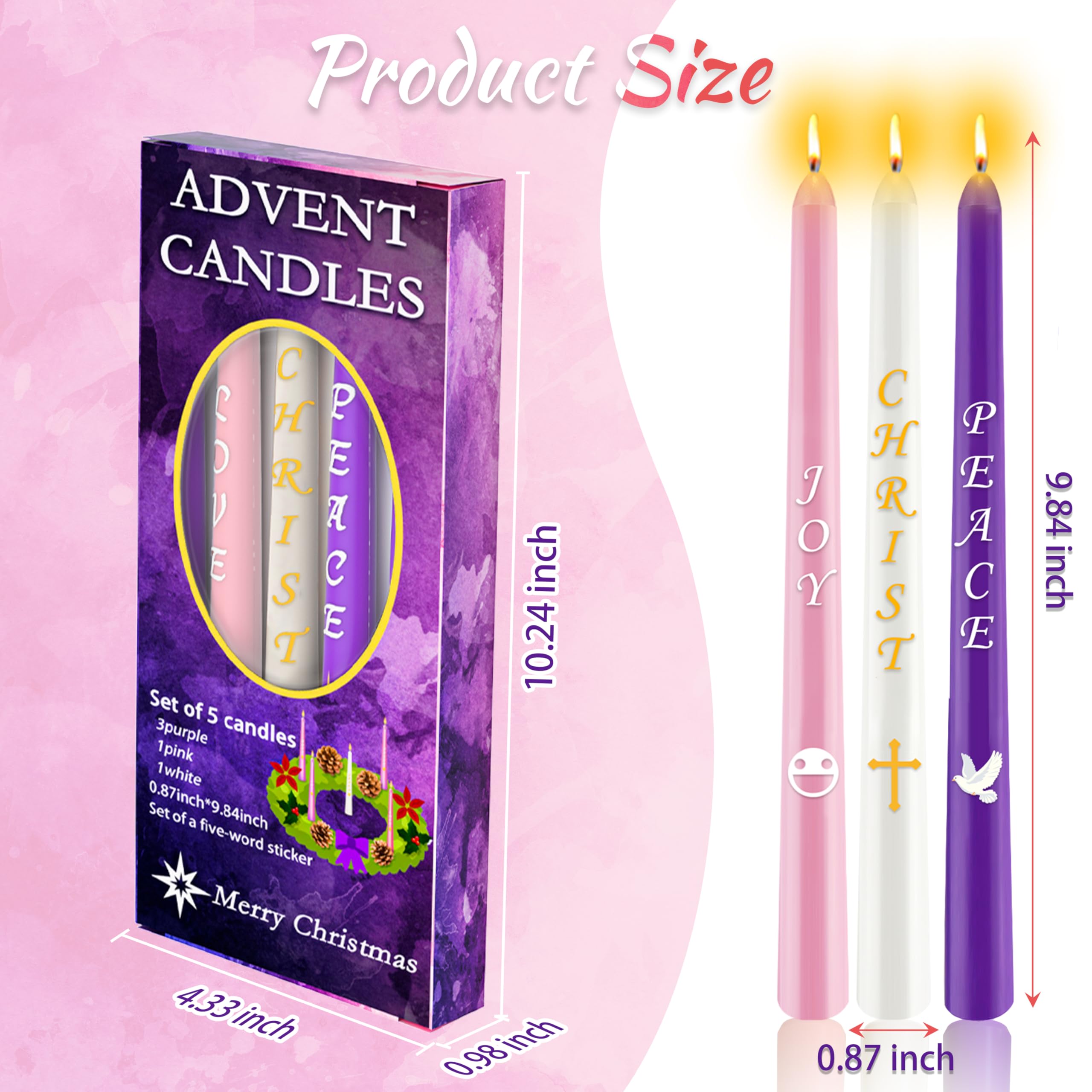 Kenburg Advent Candles Set of 5, Christmas Taper Candle with Letters & Pattern, 10 Inch Dripless Seasonal Candle, Advent Wreath Nativity Candle for Holidays, Church, Devotional, Celebration, Party