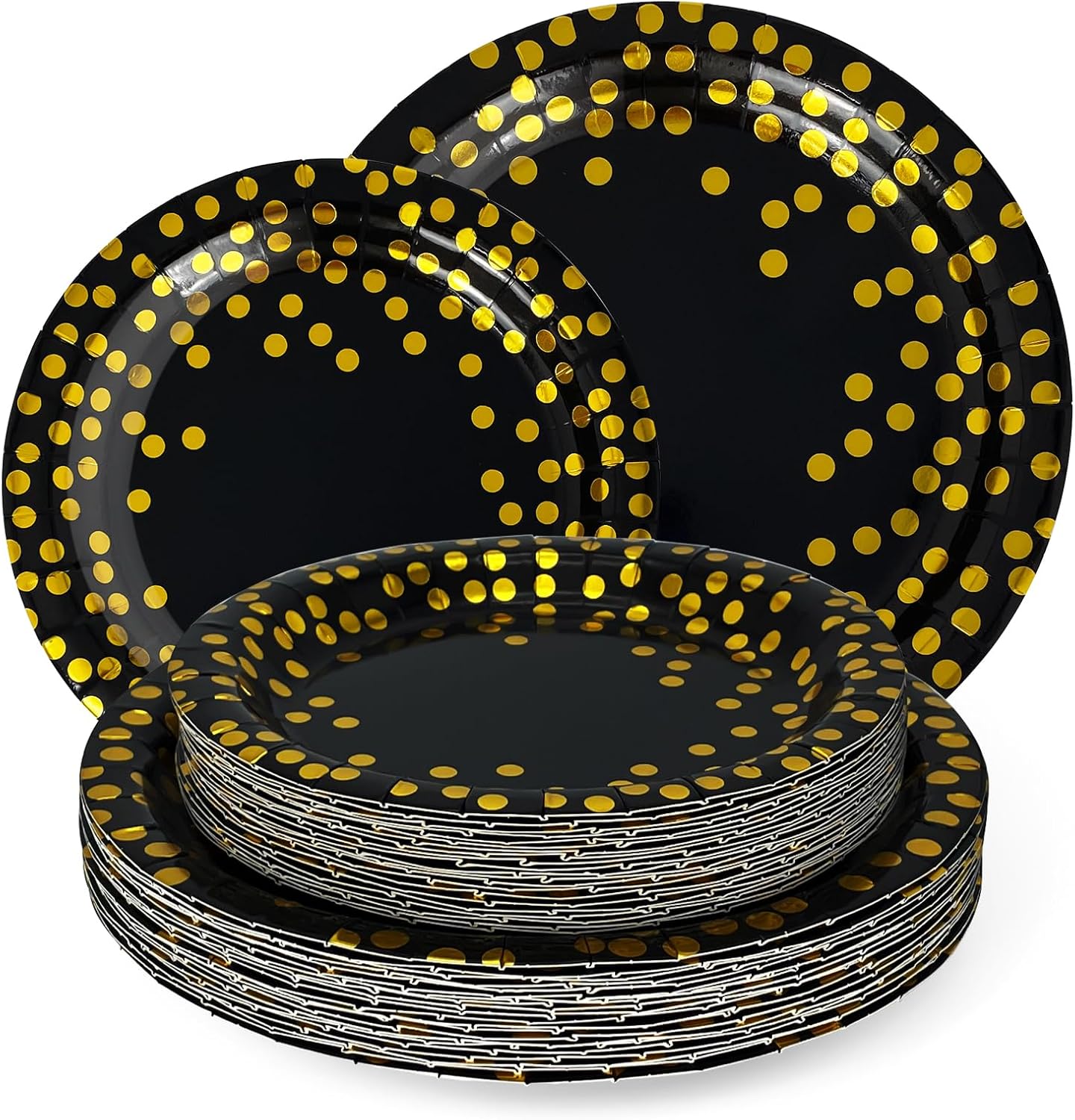 Disposable Plates for Party 50 Sets, Holiday Paper Plates and Napkins w/Cutlery & Cups, Heavy Duty Golden Dot Black Paper Plates and Napkins Cups for Baby Shower Birthday Wedding