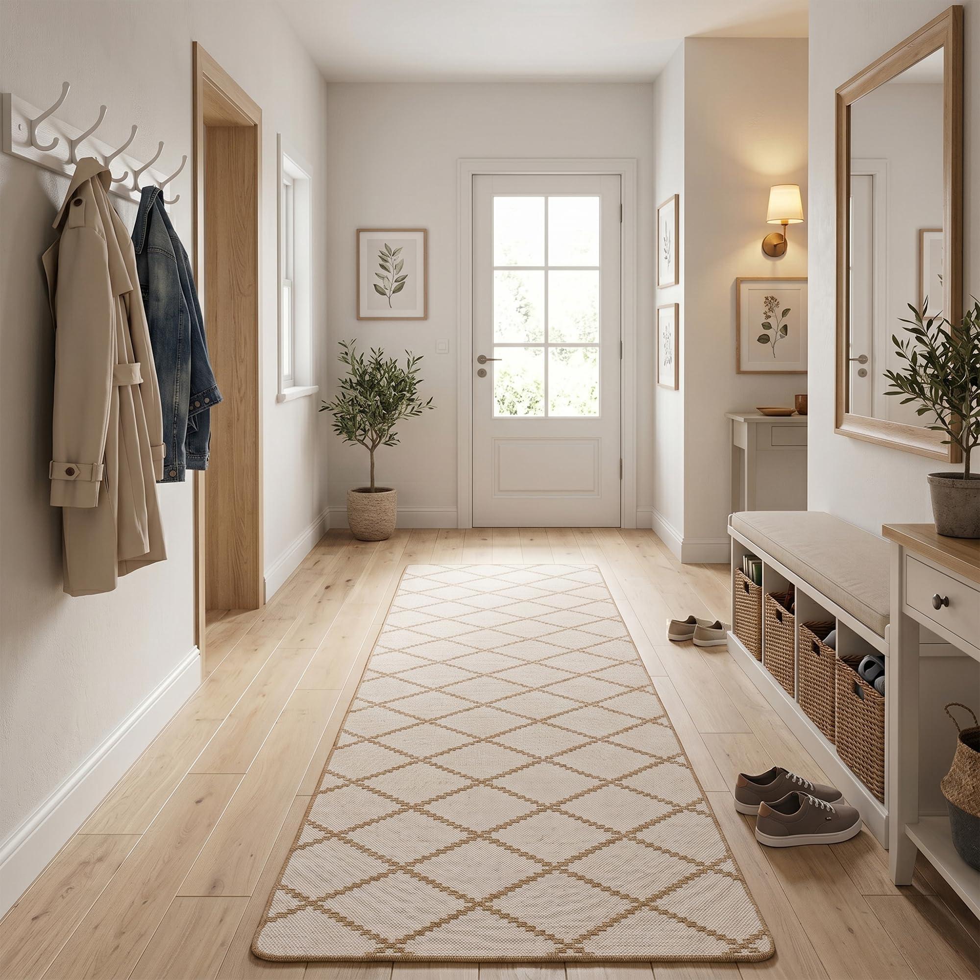 Snapstyle Tapis Couloir Intérieur & Extérieur Newport Beige – Tapis Réversible à Motif Losanges Moderne pour Couloir, Balcon et Terrasse