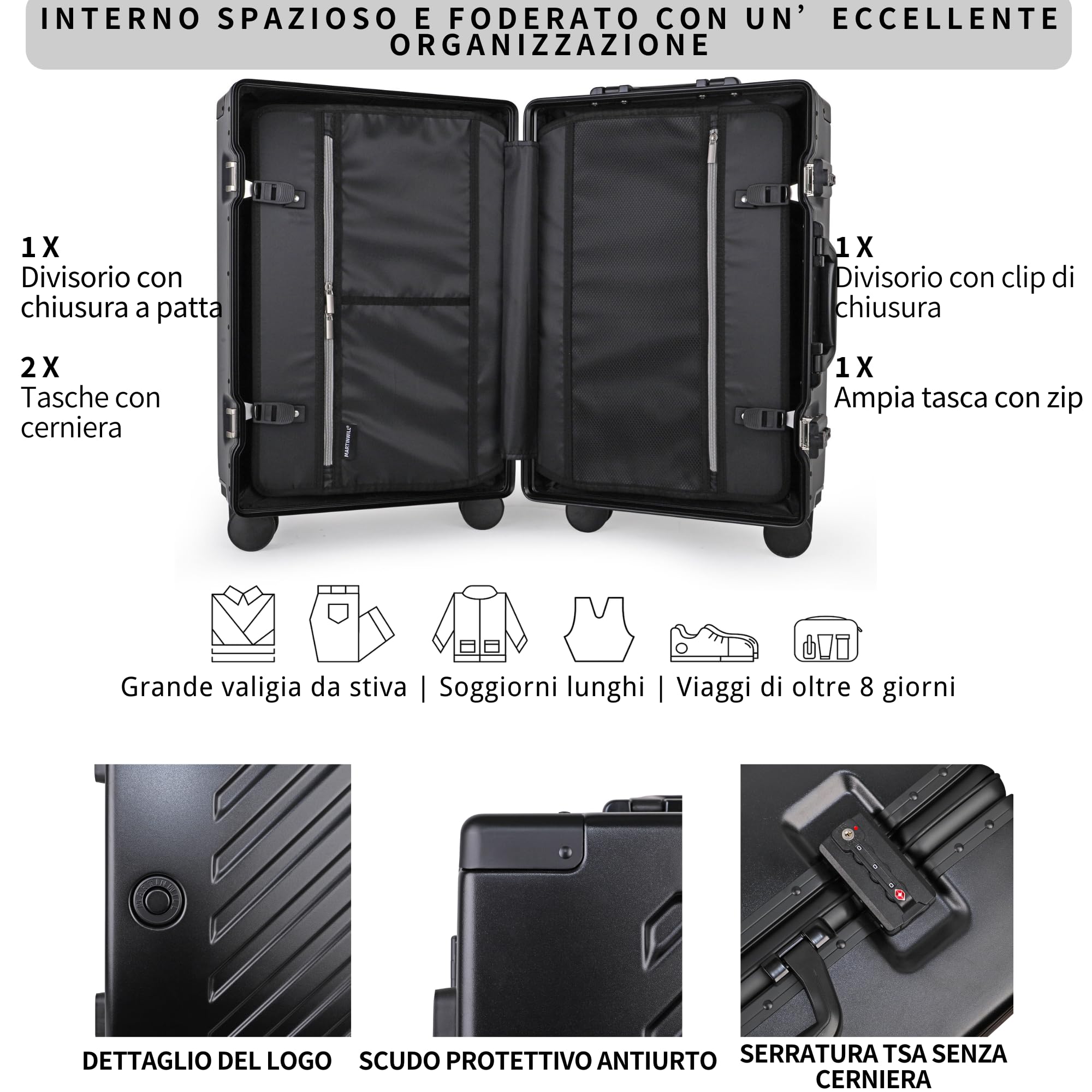 JLY Valigia Rigida 100% Policarbonato Senza Cerniera, Trolley da Viaggio con Doppio Lucchetto TSA, 4 Ruote Girevoli e Manico in Lega di Alluminio, Bagaglio da Stiva (Nero Acciaio, L (77cm 97L))