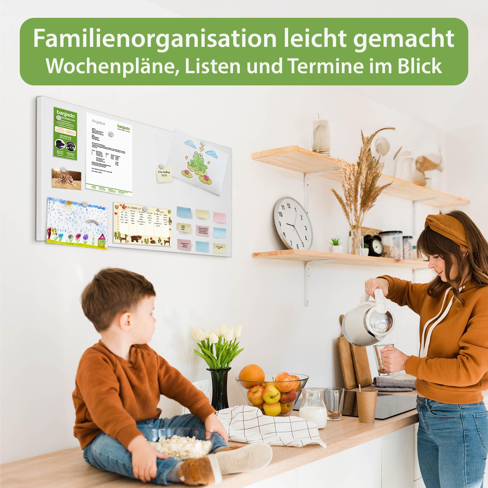 banjado Magnettafel Weiß 78x37 cm, große magnetische Wandtafel aus Metall mit Magneten, stilvolle Magnetwand zur Wandmontage, modernes Memoboard für Büro, Küche oder Kinderzimmer