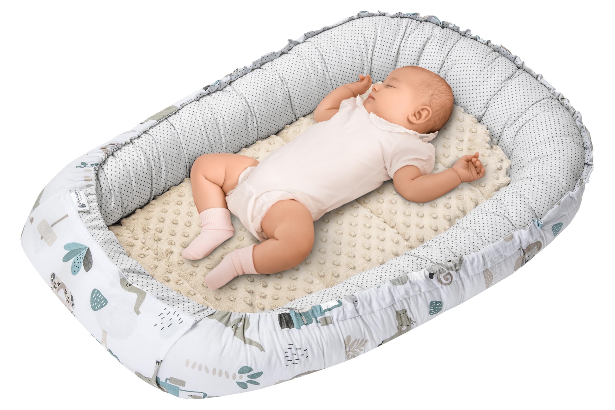 Medi Partners Baby Nest Pod for Newborn Babynest Sleep Bed - 100x60x15 Lounger Essentials 0-12 Months sleeping bilateral Cocoon 100% Cotton (Mint Zoo with Beige Plush)