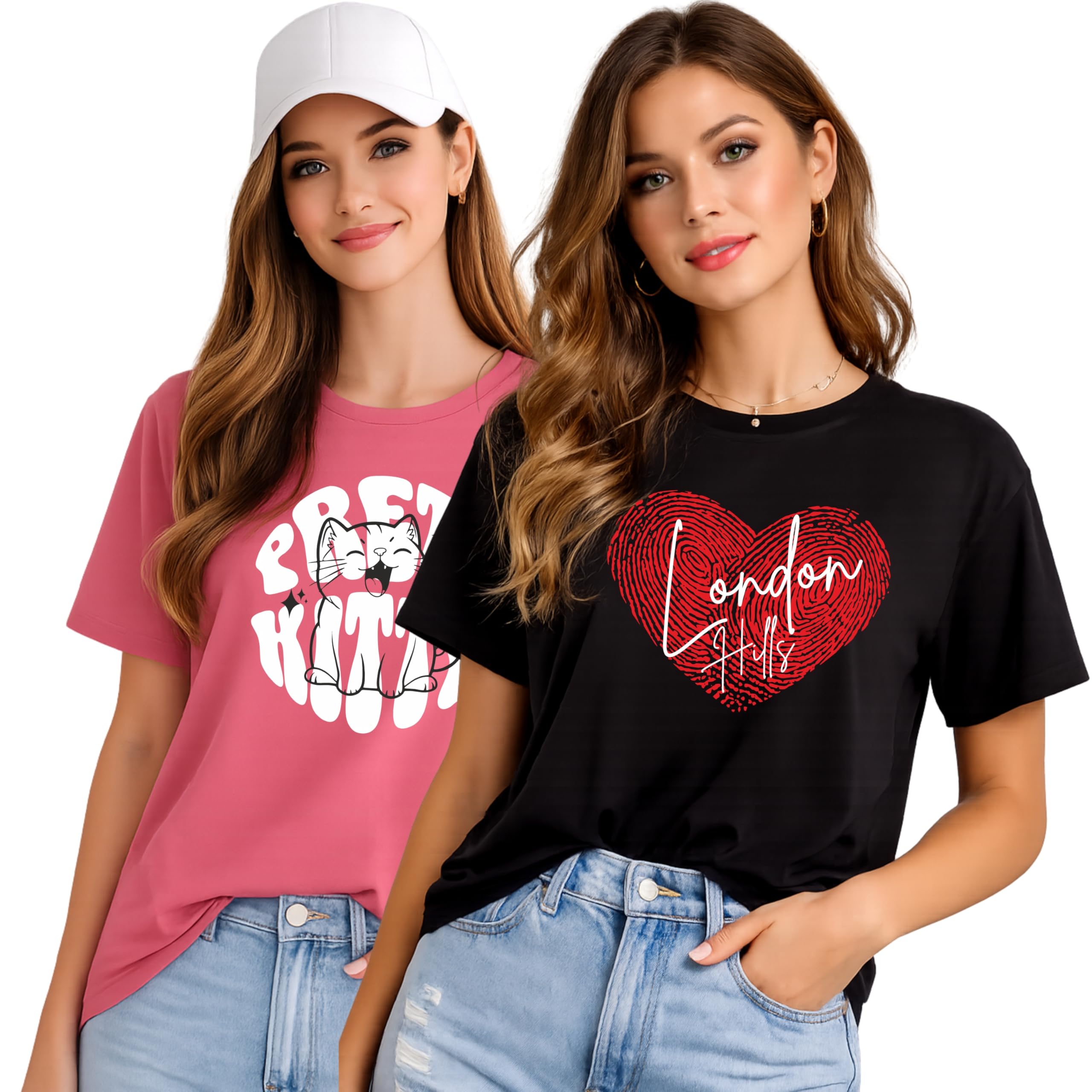 London Hills Women’s Loose Fit Printed Cotton T-Shirt Pack of 2 | Casual Round Neck Half Sleeve Graphic Tee | Breathable Summer Top for College, Travel & Outing