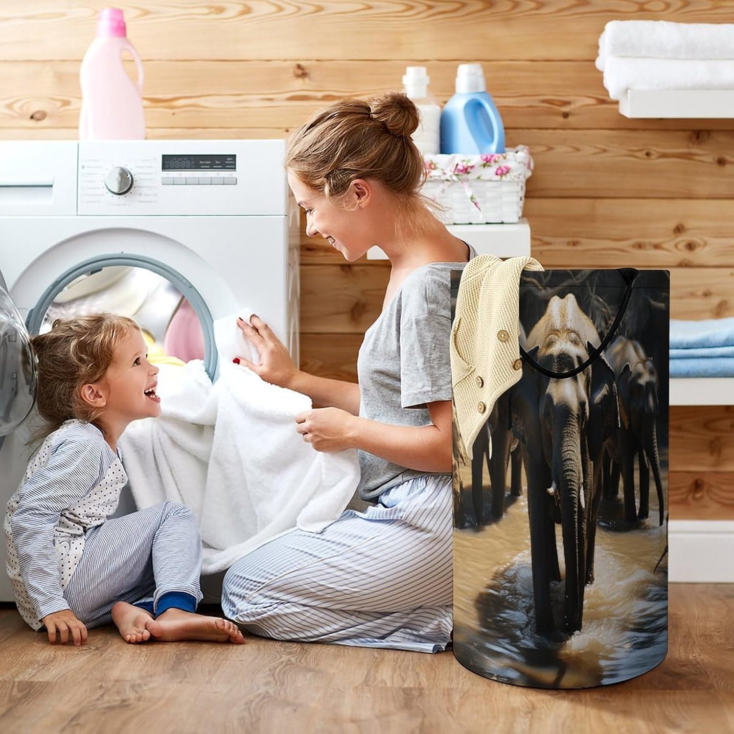 Elephant Drinking Water Laundry Hamper Large Collapsible Laundry Basket with Handles Waterproof Clothes Hamper Portable Dirty Clothes Basket for Bedroom Laundry Room Closet Bathroom