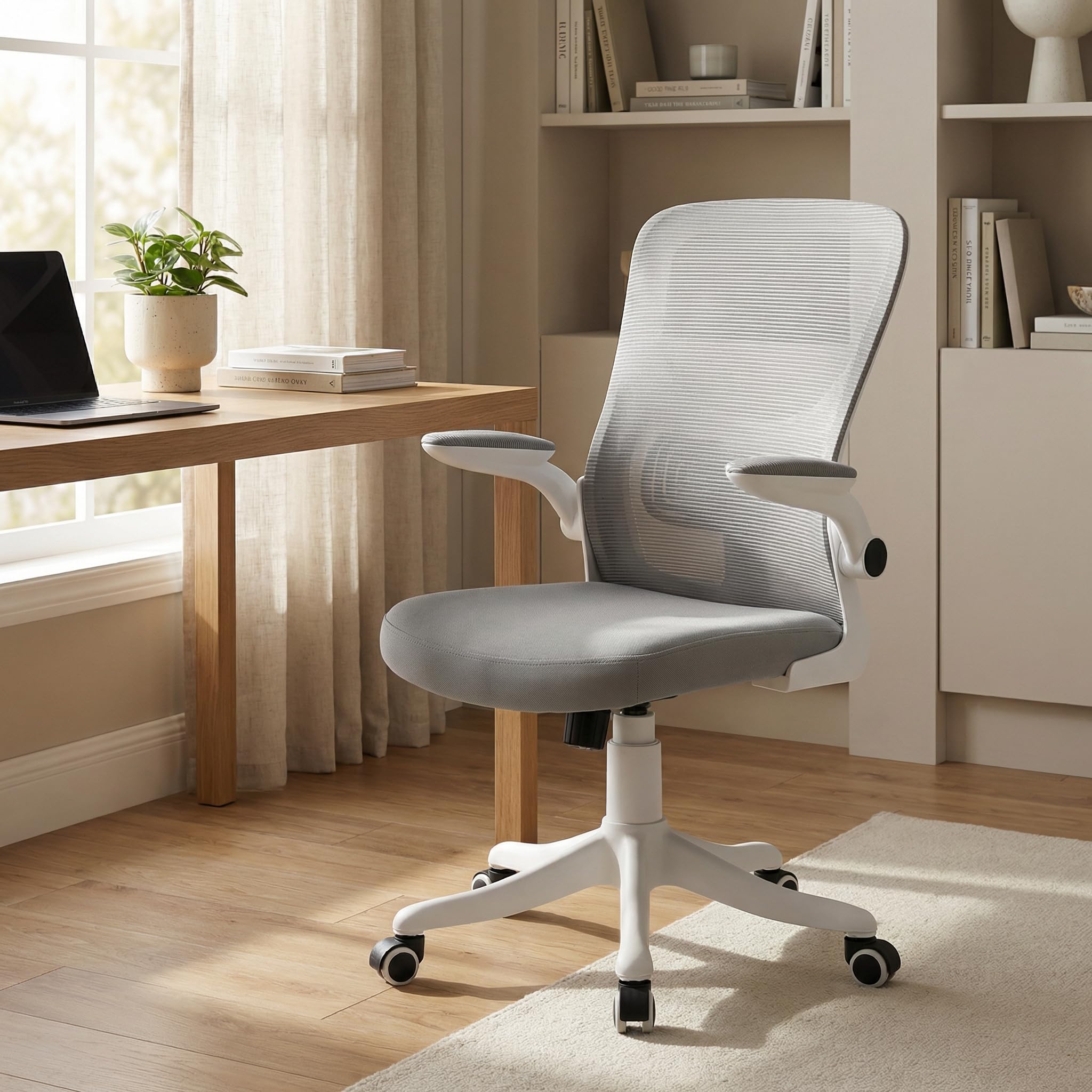 Brigros WeHome - Sedia da Ufficio Ergonomica Vivi in Rete Traspirante con Supporto Lombare, Girevole e Regolabile in Altezza con Braccioli Inclinabili, Base con Ruote, Grigio