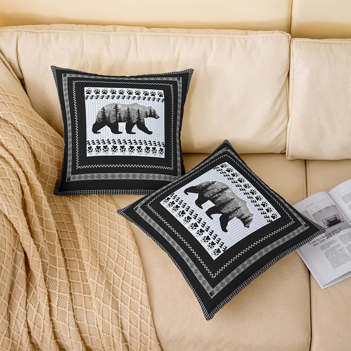 Feelyou Bear Throw Pillow Covers 24"x24" Set of 2 Soft Bear Paw Print Cushion Covers for for Couch Sofa Wild Animal Retro Black White Decorative Pillowcases Outdoor Pillows Covers