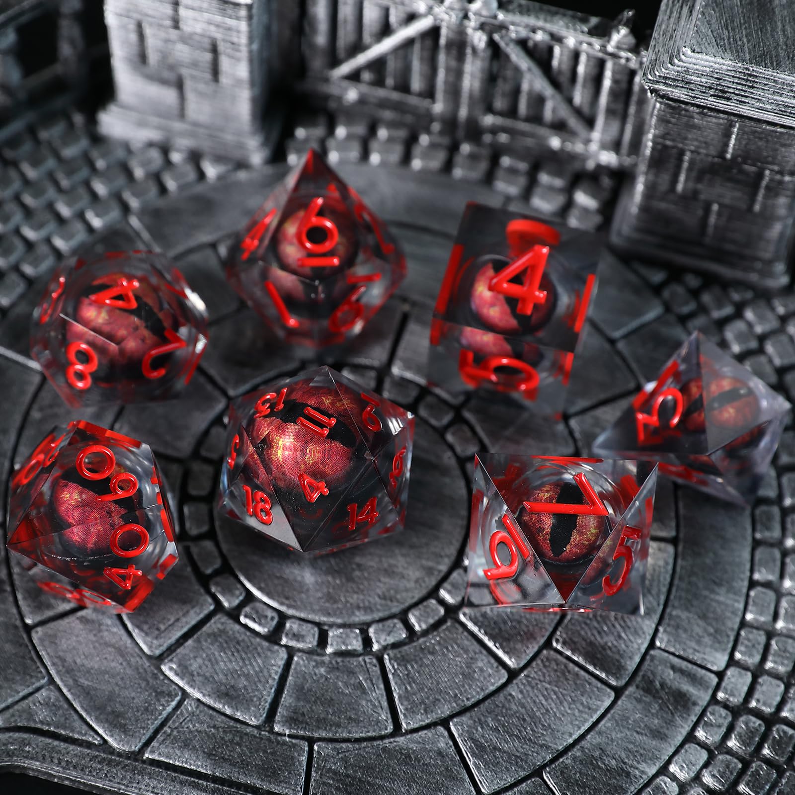DND Dice Set Floating Pupil Skull Eyeball 7 Piece Handmade Polyhedral D&D Resin Sharp Edge Dice for Dungeons and Dragons RPG Role Playing Antique Halloween Dice with Gift Box - Image 3