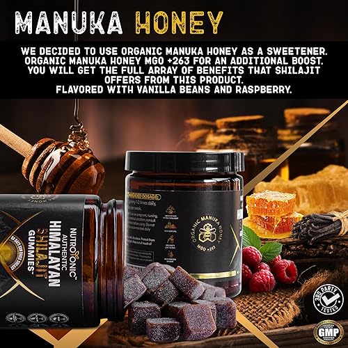 Miniatura 5 de NutroTonic Gomitas Shilajit orgánicas del Himalaya  Sabor a vainilla de frambuesa orgánica  Shilajit para hombres y mujeres  Miel de Manuka