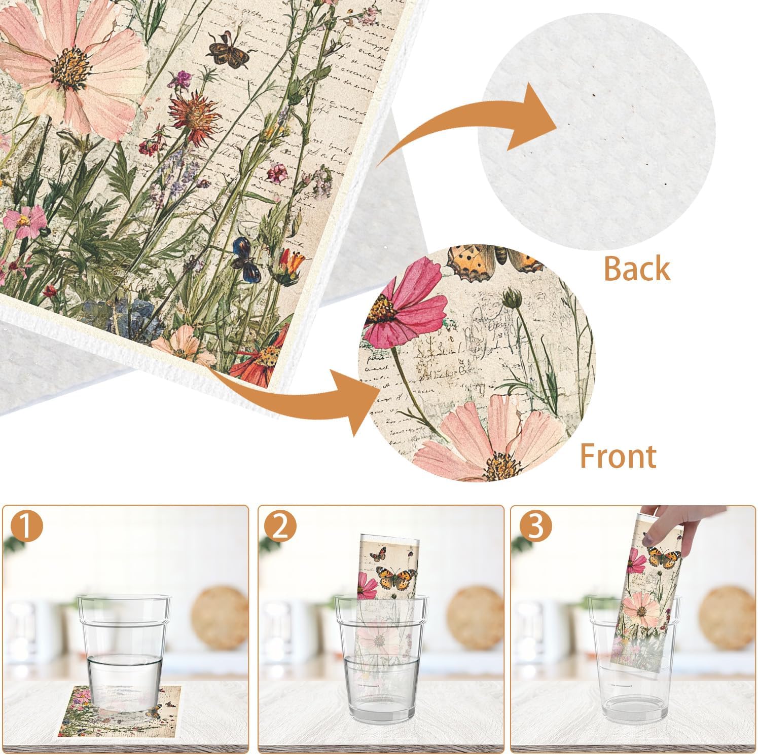 Vintage Floral Swedish Dishcloths for Kitchen 6PCS Floral Swedish Cloths for Washing Dishes Reusable Retro Wildflower Themed Washable Kitchen Towels Sponge Cloths for Home Party Cleaning - Image 3