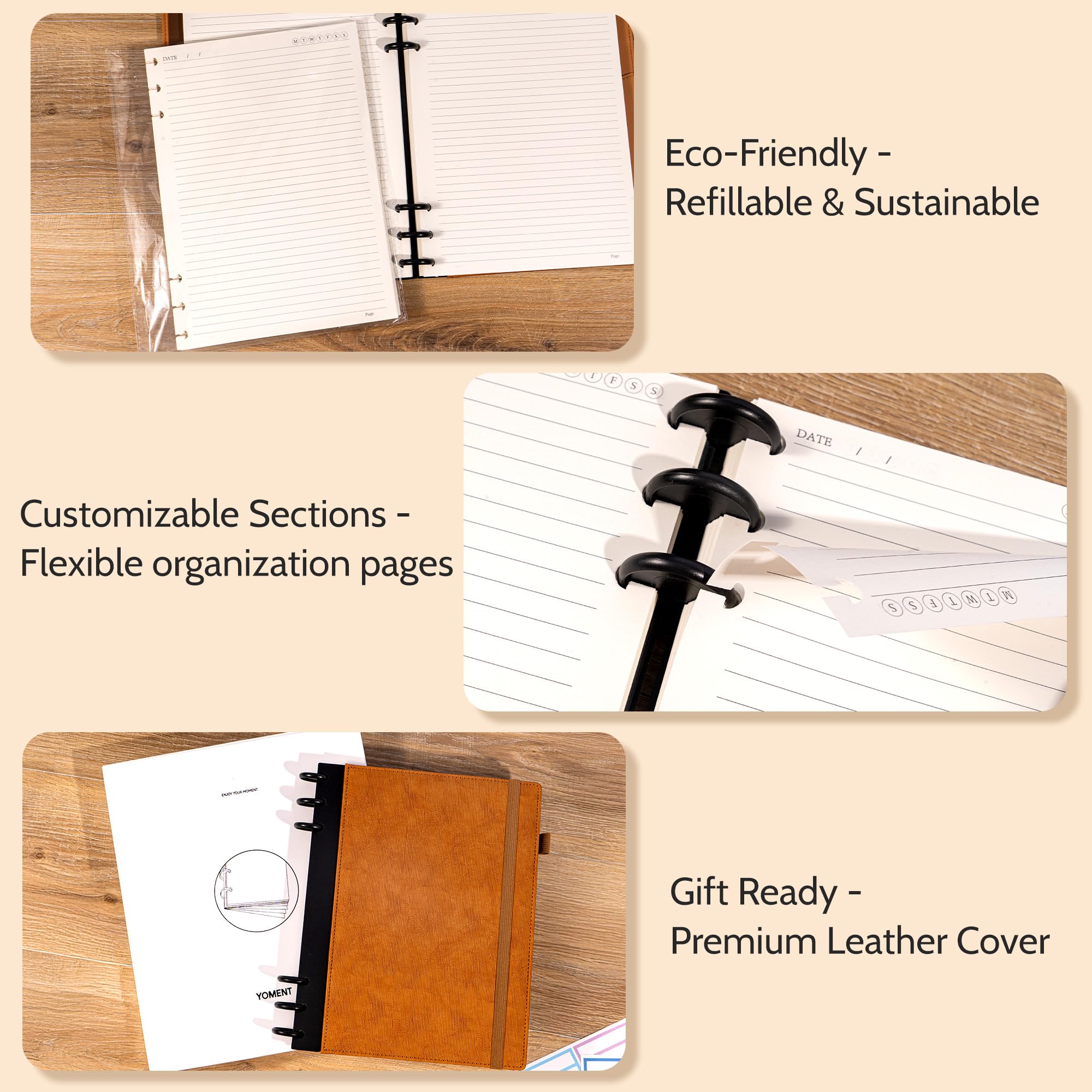 Cuadernos recargables para trabajo encuadernados en disco: cuaderno de tapa dura con 5 temas separadores, pestañas separables, diario grande con rayas universitarias, diario grande para escribir