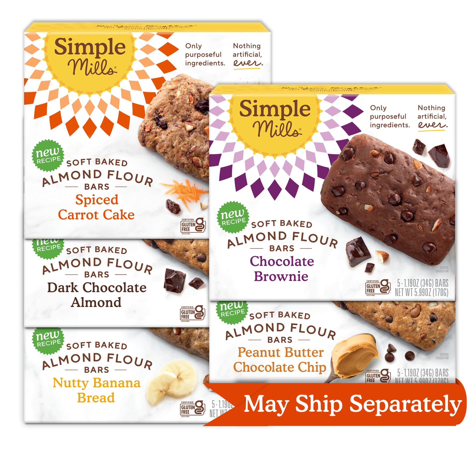 Simple MillsAlmond Flour Snack Bars (Nutty Banana, Spiced Carrot Cake, Dark Chocolate Almond, Peanut Butter Chocolate Chip, and Chocolate Brownie) - Breakfast Bars (Pack of 5)