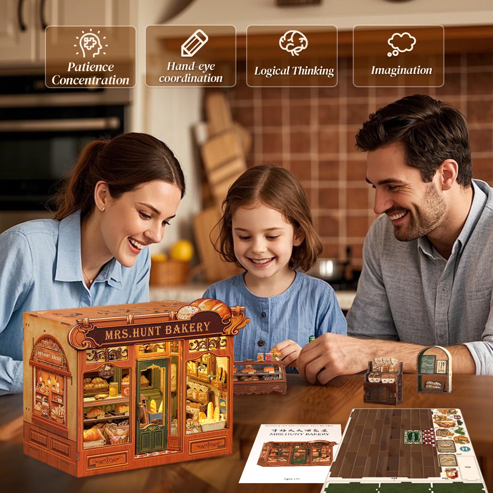 Cutefun Book Nook Kit oświetlenie LED i osłona przeciwpyłowa – miniaturowy domek dla lalek "zrób to sam" drewniany model domku dla lalek - drewniane puzzle 3D, biblioteka dla dorosłych i młodzieży