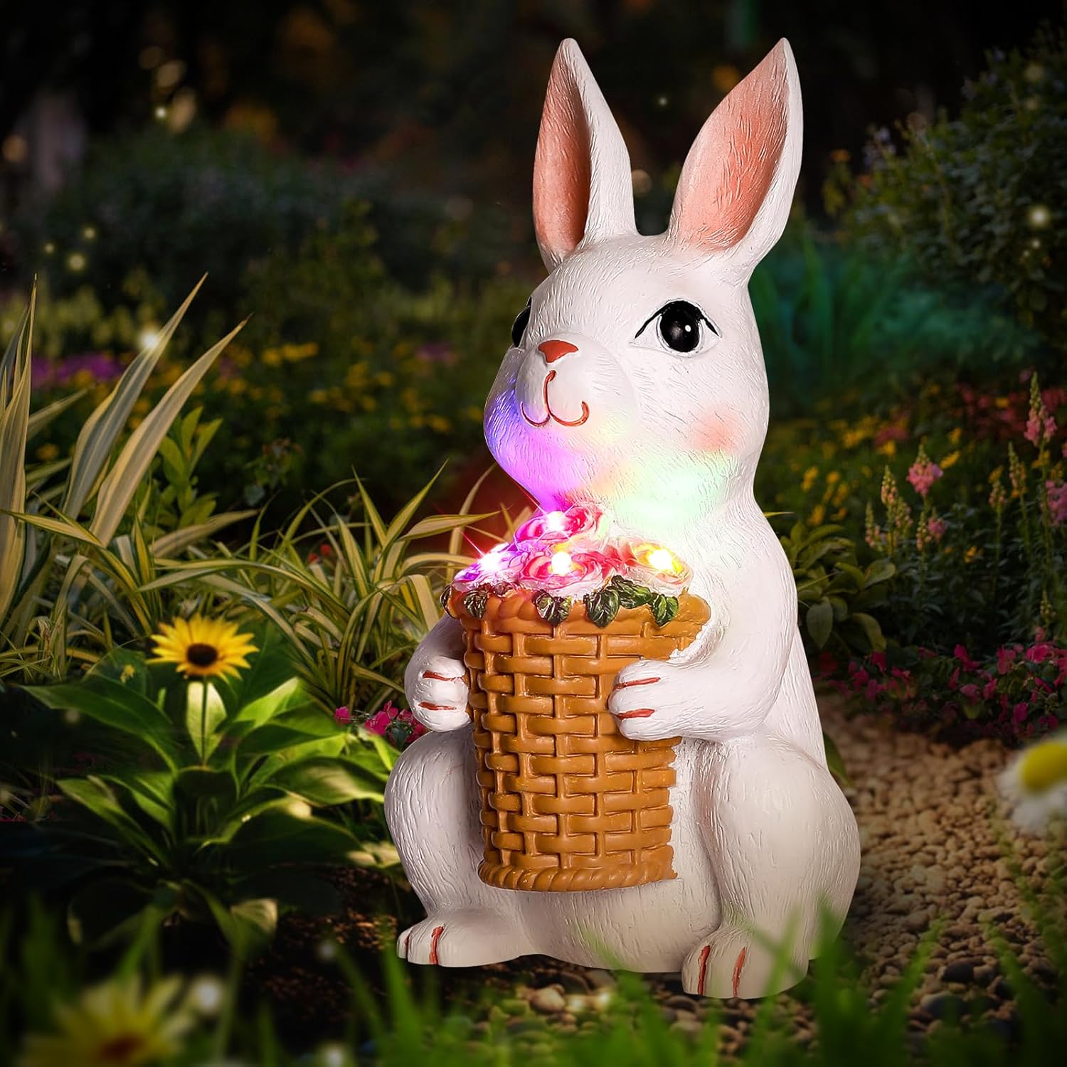 Brightever Solar Powered Garden Statues- Bunny Figurines for Spring & Easter Decor, Outdoor Rabbit Statue with Colorful LED Lights for Patio, Balcony, Lawn, Birthday Gifts for Women, Mom, Grandma