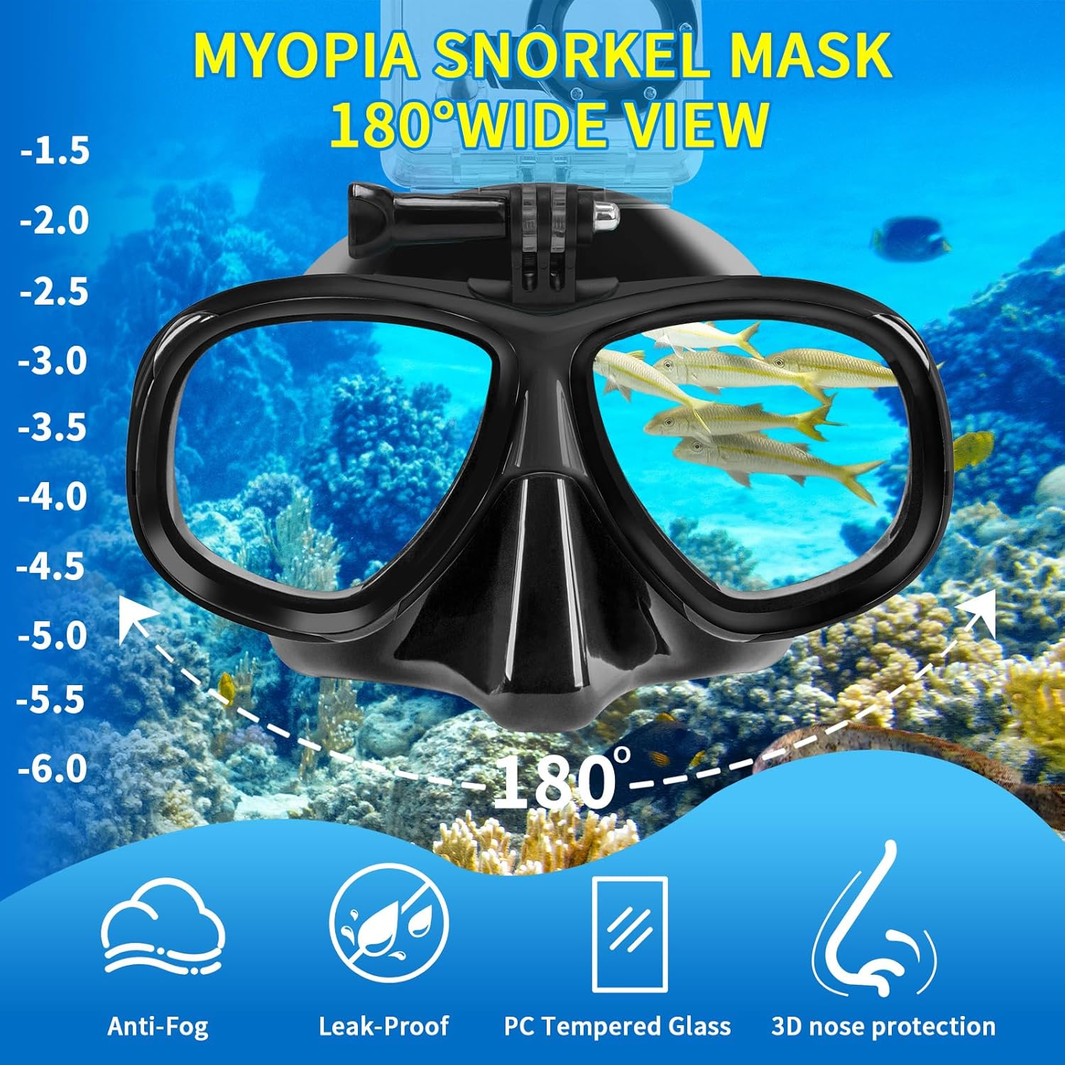 Snorkeling Gear for Adults Youth, Nearsighted Anti-Fog Diving Mask & Silicone Dry Snorkel for Scuba Diving Spearfishing Freediving Black -5.5