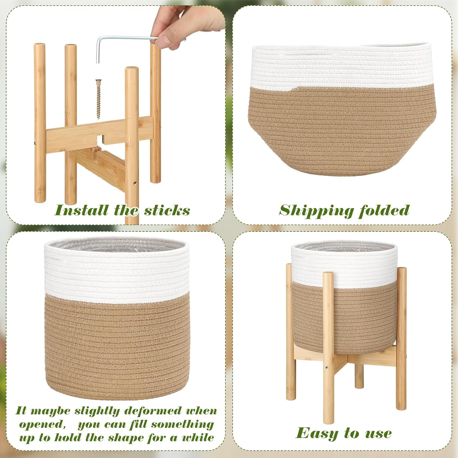 Plant Basket with Stand Indoor Planter Pot Holder Sturdy Jute Rope Modern Woven Basket, Cotton Rope Woven Pot with Bamboo Stand(White and Yellow,10 Inch)