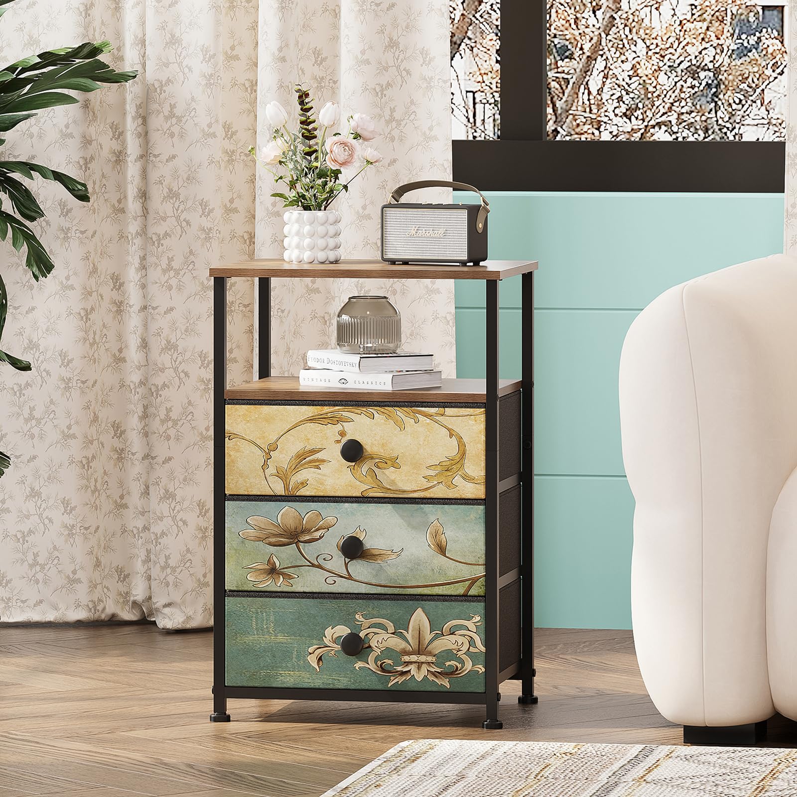 VEDECASA Commode avec 3 tiroirs et étagère ouverte Armoire commode Coiffeuse bohémienne Armoire de rangement Table de chevet Table d'appoint pour salon chambre à coucher Cadre en acier stable Plateau