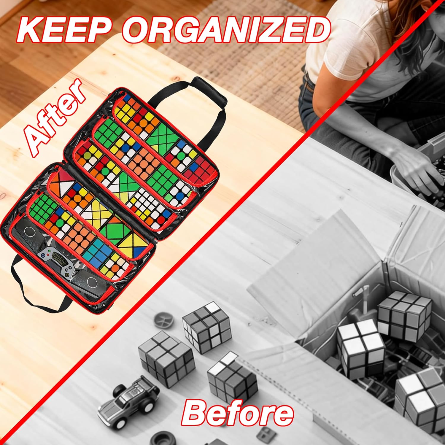 Speed Cube Carrying Case for Holding 30+ Rubix Cubes & Timer with Shoulder Strap, Puzzle Cubes Storage Bag for Weird Magnetic Cubes, Cube Stands, Instruction Manuals, Black, Bag Only