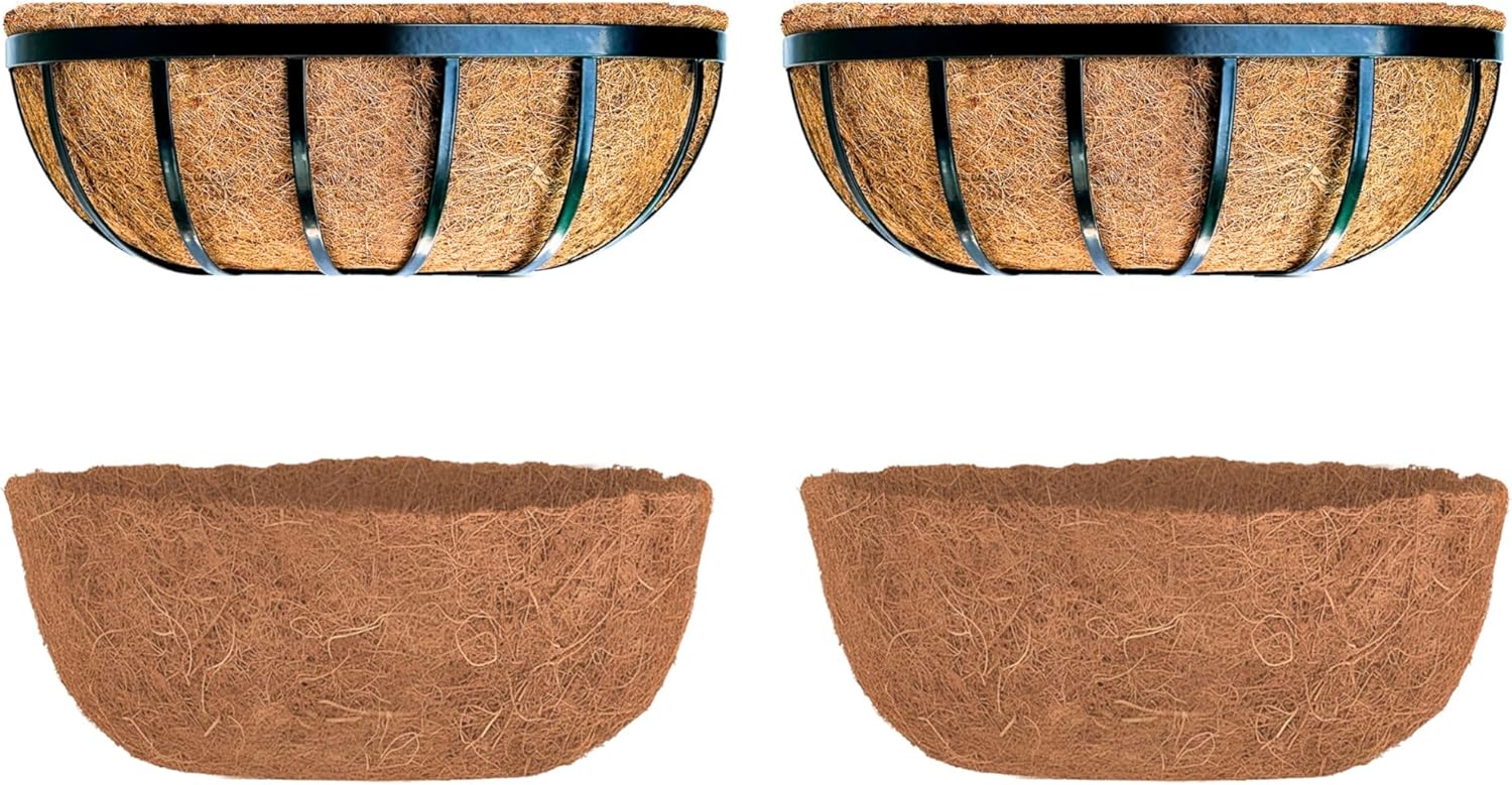 LaLaGreen Bundle- 2 Pack, 16 Inch Metal Basket with Coco Liner + 2 Pack, 16 Inch Half Round Rectangular Coco Liner Outdoor Window Flower Herb Box Fence Balcony Patio Porch Over Rail Decor Plant Holder