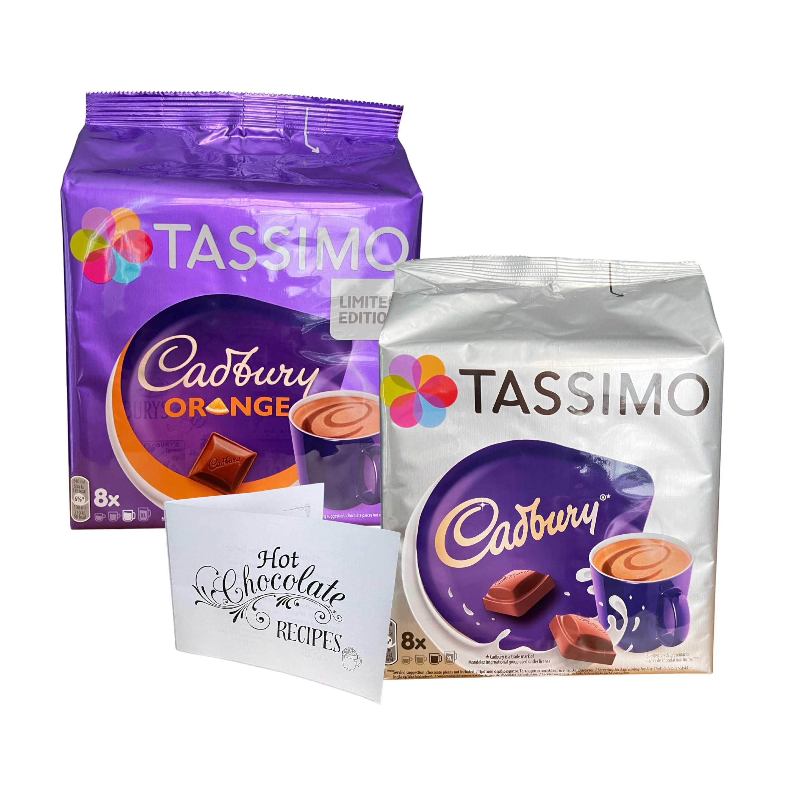 Hot Chocolate Pods Tassimo Cadbury 8x30g with Chocolate Orange Pods 8x30g Bundled with Recipe Card