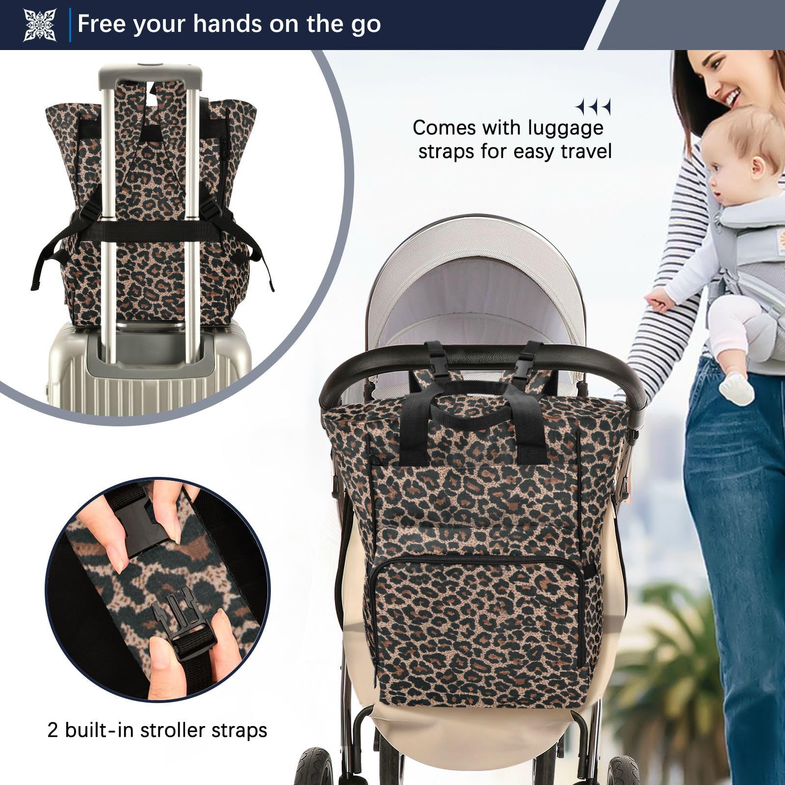 Wickeltasche mit Leopardenmuster, Gepardenmuster, für Damen und Herren, großer Laptop-Rucksack, Reiserucksack, Tagesrucksack, Lunchtasche mit isolierten Taschen, Kinderwagengurten, wasserdicht,