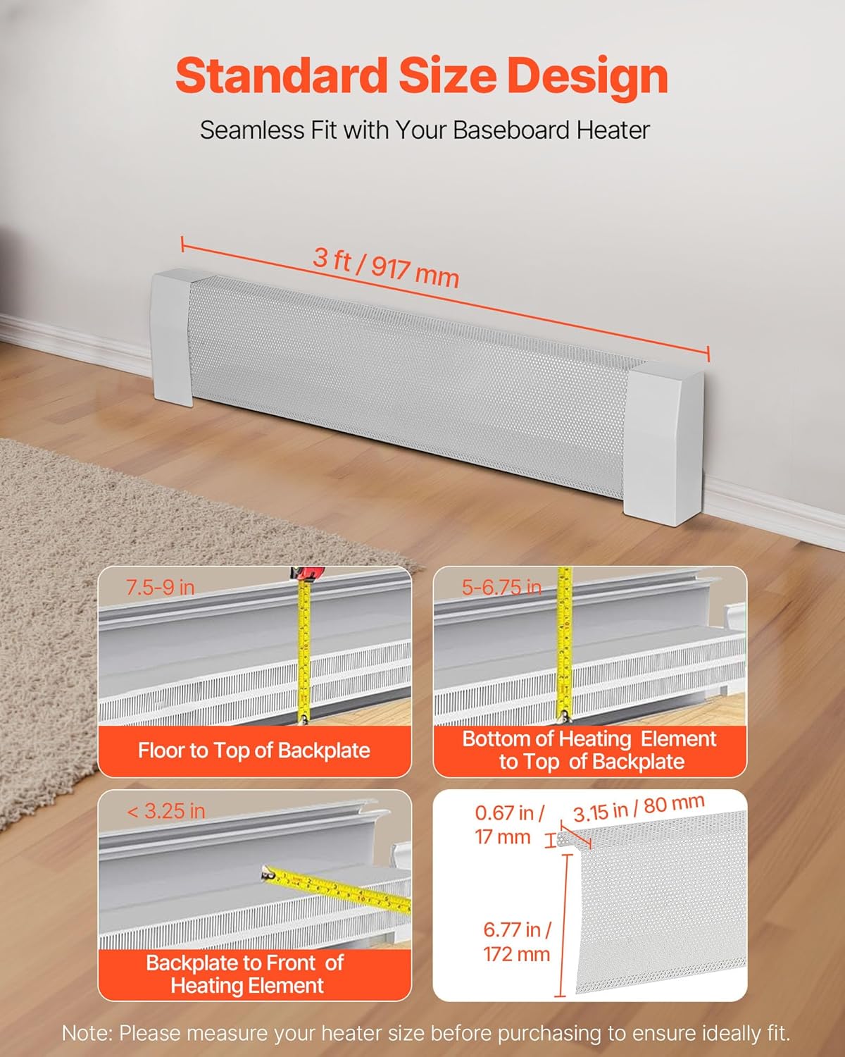 VEVOR Baseboard Heater Covers, Premium Series 3 ft Standard Electric Heating Unit Front Cover for Home Improvement, Heavy-duty Steel, Easy Installation for Bedroom Replacing Old Cover, White