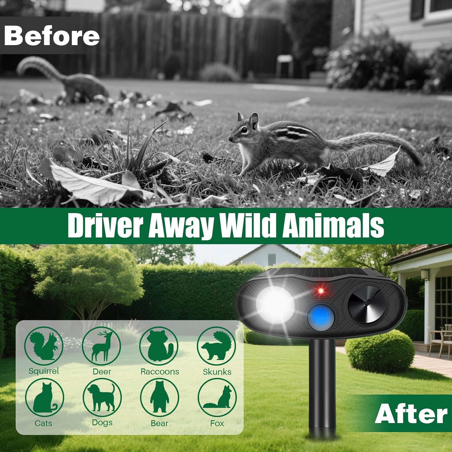 Solar Ultrasonic Animal Repeller Racoon Sonic Fortress Pro Cat Repellent Outdoor, Dog Repellent for Yard with Motion Sensor&Flash Light to Scare Deer Rabbit Coyote Squirrel Out of Garden Farm(4Pack)