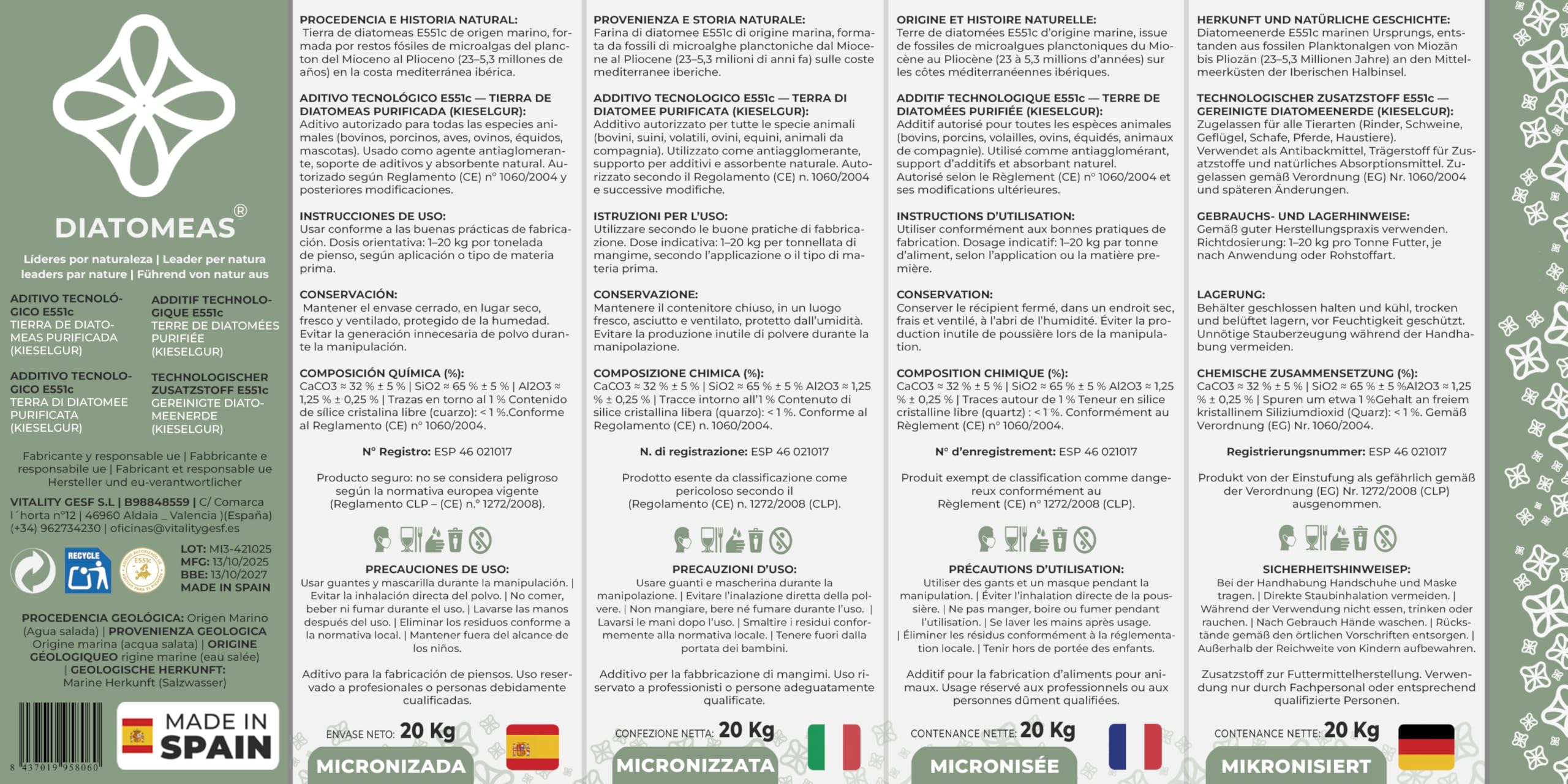Micronizada E551c – Tierra de Diatomeas Purificada | Aditivo Tecnológico Antiaglomerante para Piensos | Sílice Amorfa de Origen Natural | Saco 20 kg