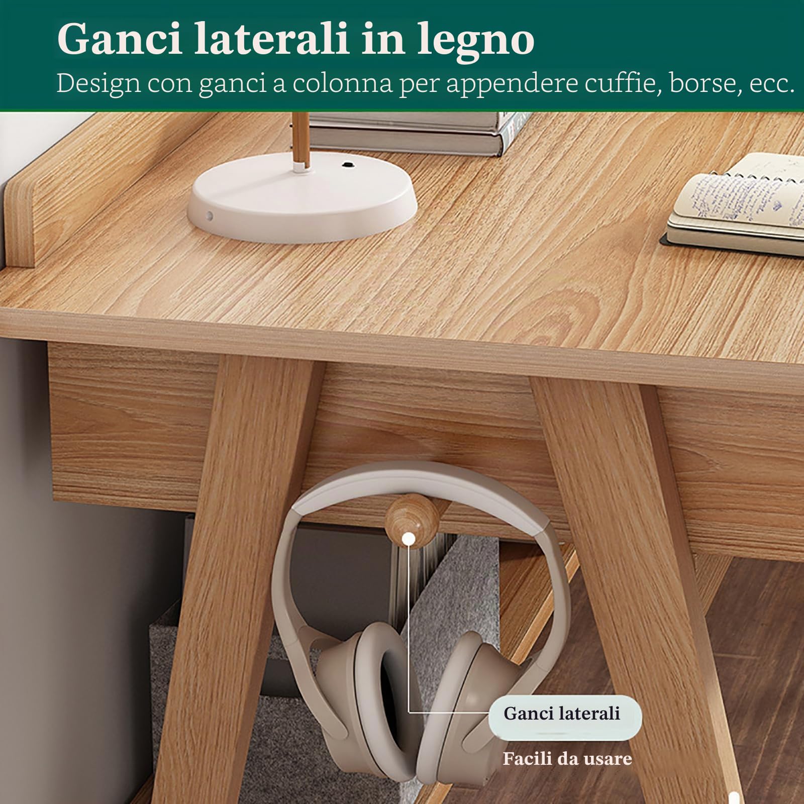 Scrivania in legno massiccio con cassetti, scrivania per computer con ripiani di archiviazione, scrivania per ufficio con ganci, scrivania di metà secolo, scrivania dello studio, workstation tavolo