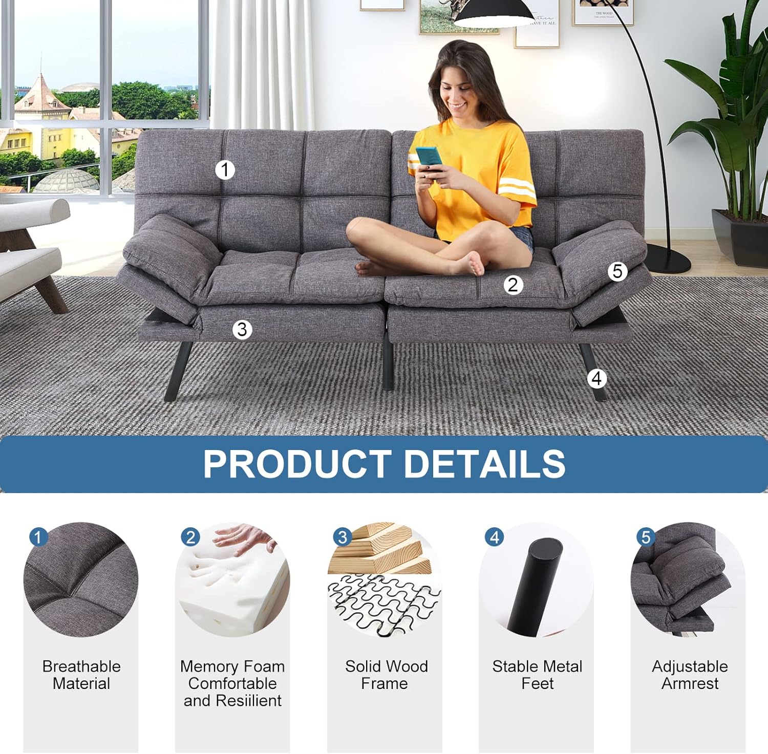 Maxspeed Futon Sofa Bed Memory Foam Sofa Couch Convertible Modern Loveseat Sleeper Sofa with Adjustable Armrests and Metal Legs,Multifunctional Grey Futon Sofa Bed for Apartment, Office, Small Spaces