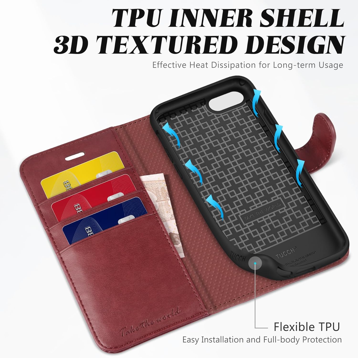 TUCCH Wallet Case for iPhone SE 2022/SE 2020/iPhone 8/7, PU Leather Folio Stand Card Slot Magnetic Closure Flip Cover [TPU Interior Case] Compatible with iPhone SE3/SE2/8/7, Dark Red