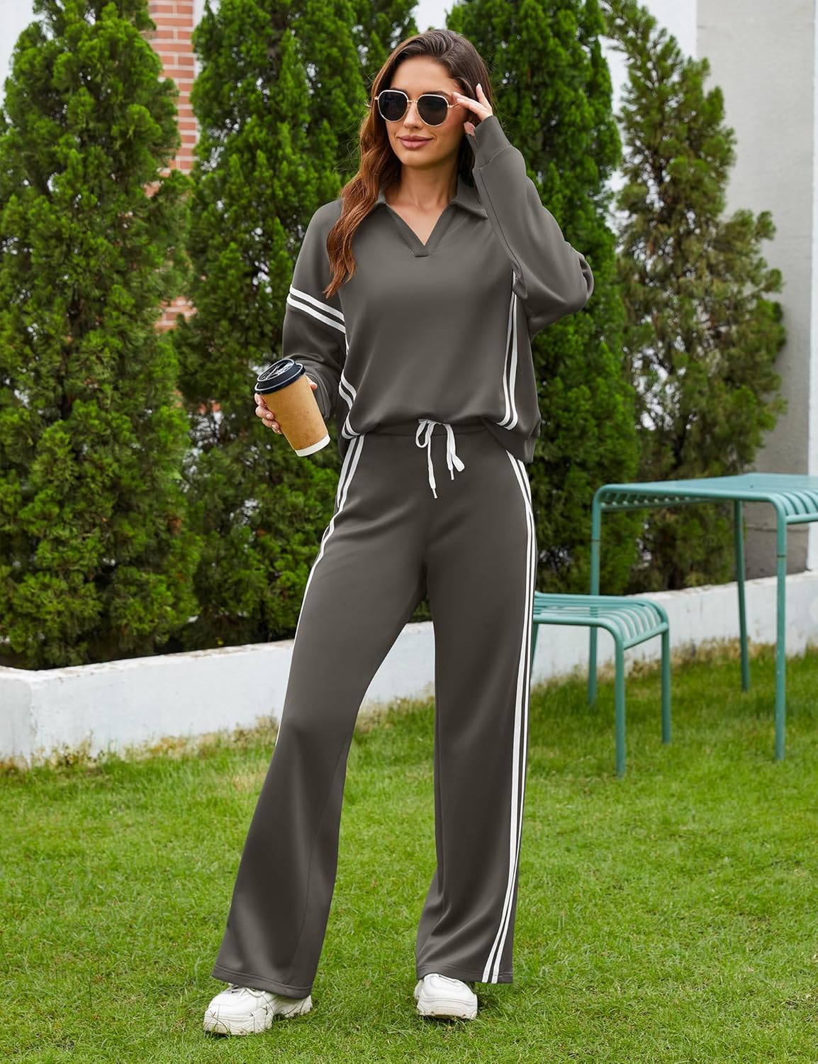 SHESHOW Lounge Sets for Women V-Neck Tracksuit 2-Stripes Wide Leg Pants 2 Piece Outfit Women Sweatsuits with Pockets XS-XXL