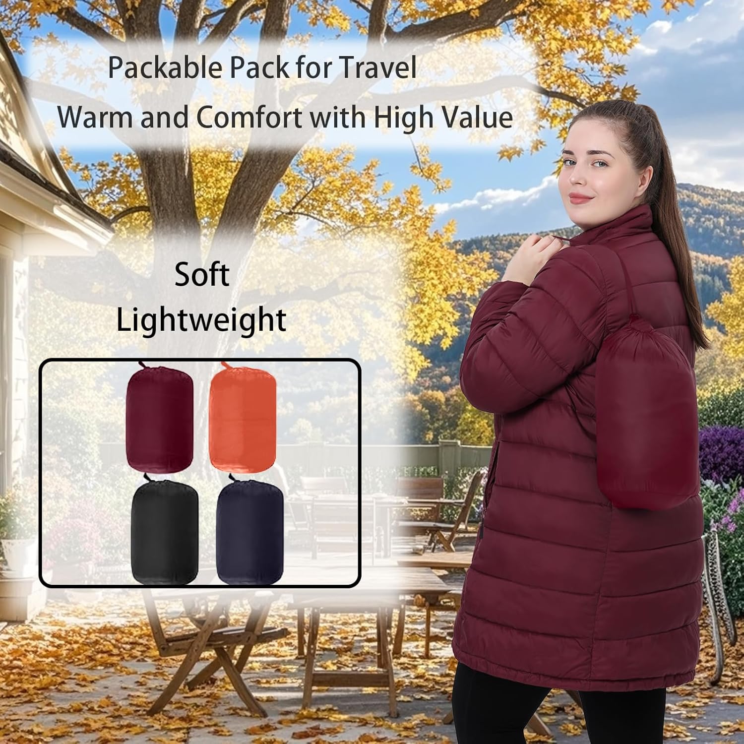 Plus Size Women Packable Puffer Jacket 1X-6X Water-Resistant Lightweight Puffer Coat Detachable Hood (Winered,6XNEW) - Image 5