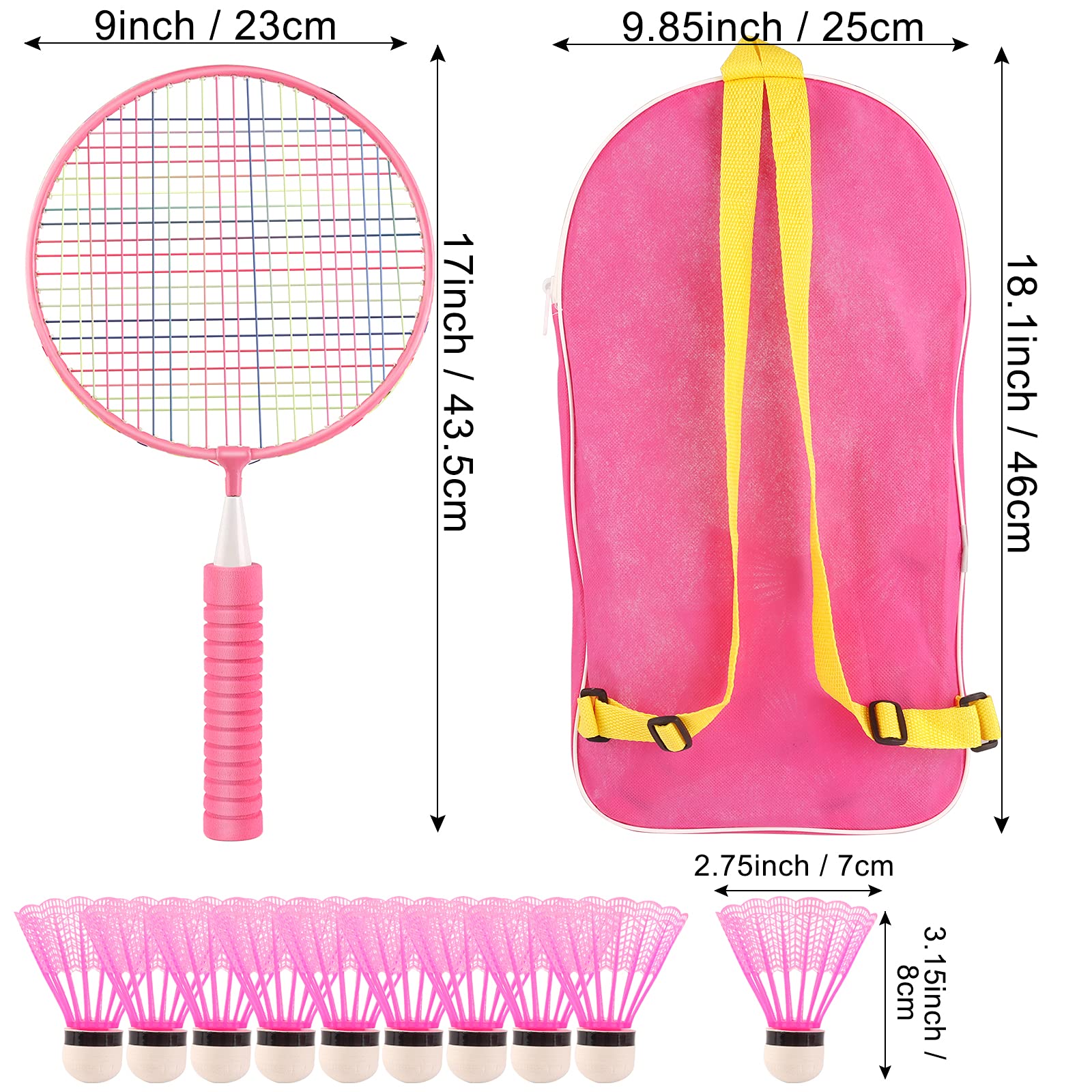 Set da badminton per bambini, resistente, set di racchette da badminton, per attività indoor e attività sportive all'aperto, inclusi 10 badminton e 2 racchette da badminton (rosa)