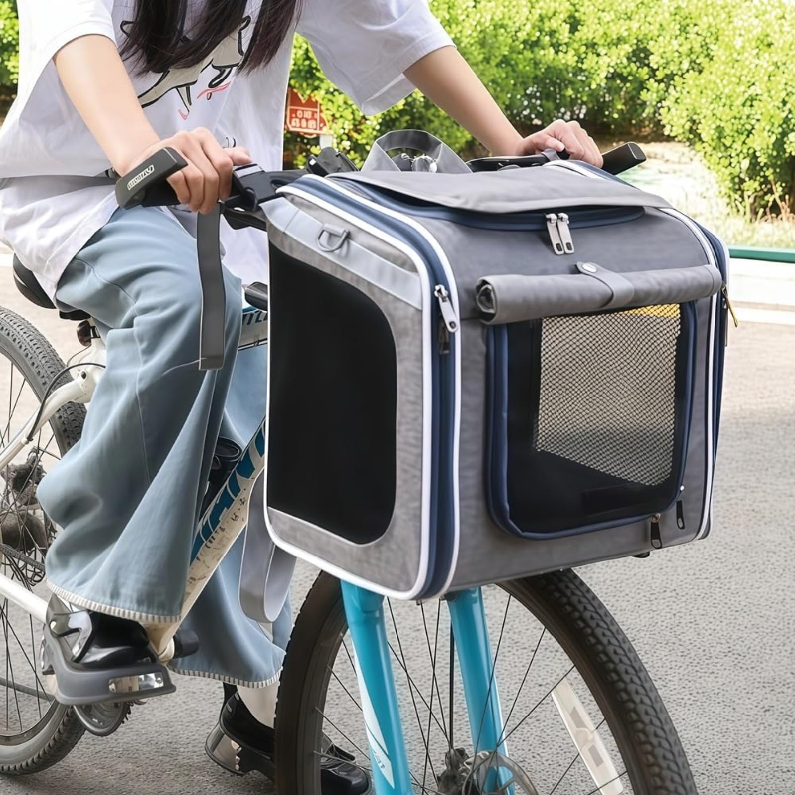Faltbare Fahrradtasche Für Haustiere, Lenkerkorb Für Kleine Hunde Und Katzen, Belüftete Transporttasche Auch Als Rucksack Nutzbar Mit Integrierter Sicherheitsleine,Schwarz