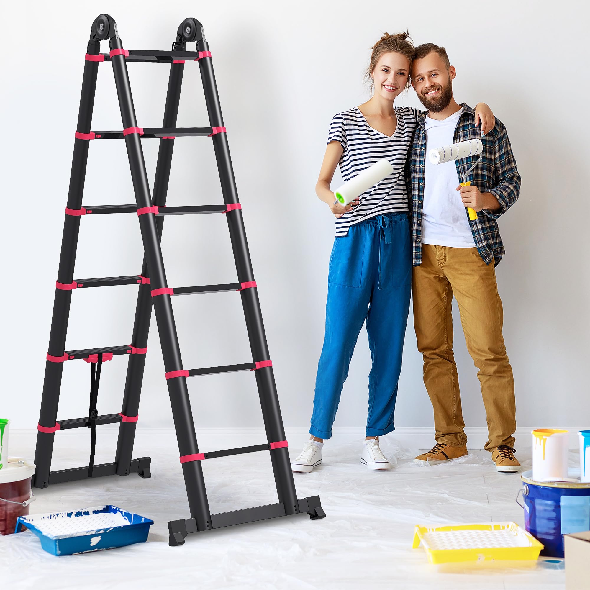 HOMCOM Escalera de Aluminio Plegable Portátil 379x67,5x11 cm Negro y Rojo | 2 Formas de Uso, Retráctil, Escalera Telescópica, 12 Escalones Antideslizantes, Carga 150 kg