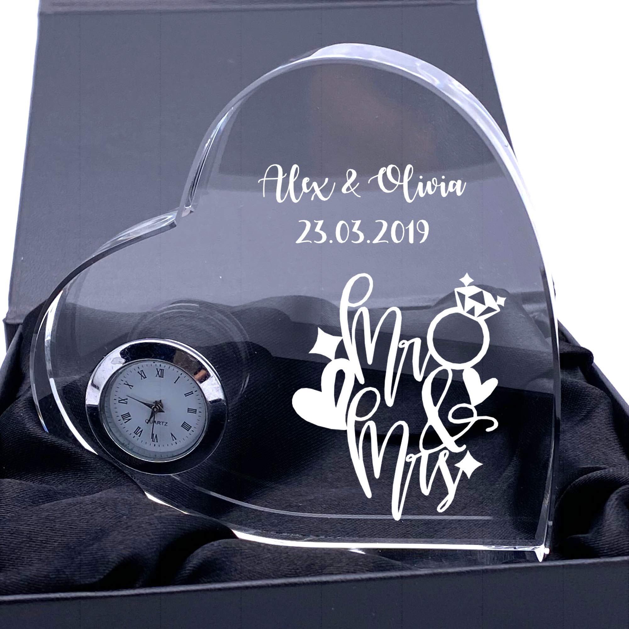 Ukgiftstoreonline Clear Engraved Heart Crystal Glass Clock Mr And Mrs Wedding Gift