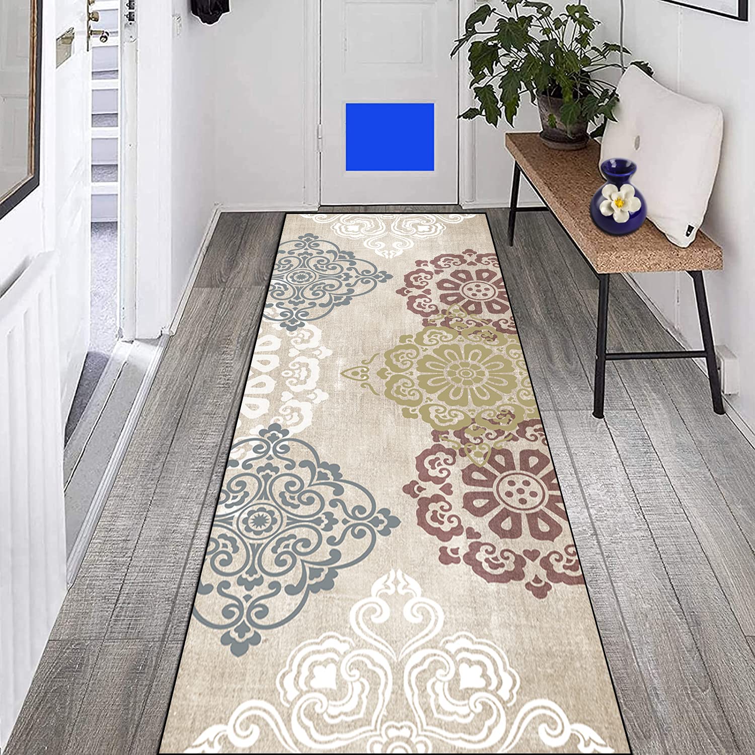 Teppich Läufer für Flur Küche rutschfest 110×450cm Modernes Vintage Nordisches Gemustertes Grau Teppichläufer Flurteppich Waschbar für Schlafzimmer Wohnzimmer, Breite 60cm/ 80cm/ 100cm/ 120cm