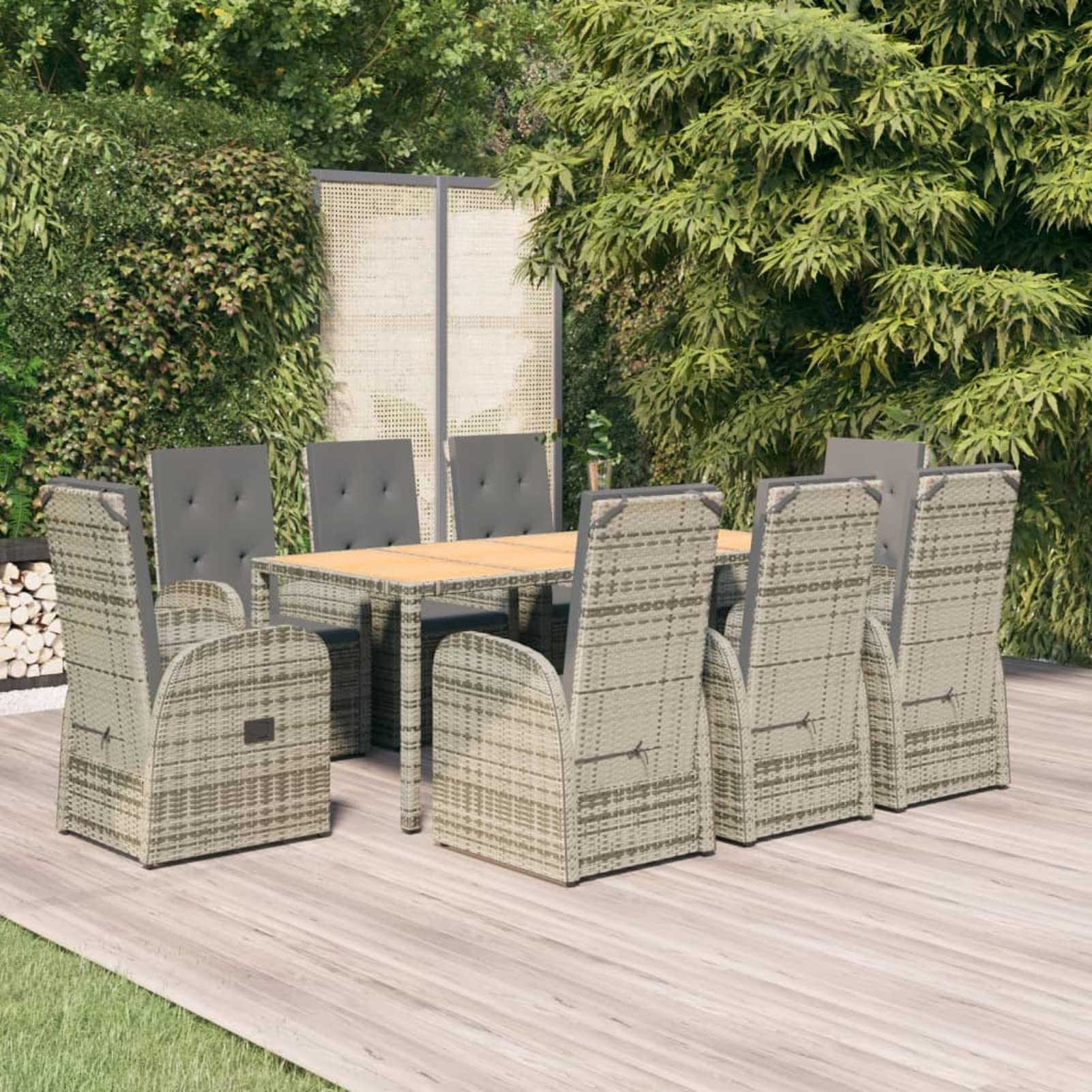 IKAYAA Gartenmöbel Set 8 Verstellbare Hochlehner Stühlen mit Tisch Garten sitzgruppe 8 Personen Sitzgruppe Outdoor wetterfest Rattan Sitzgruppe 8 personen-Grau-9-tlg