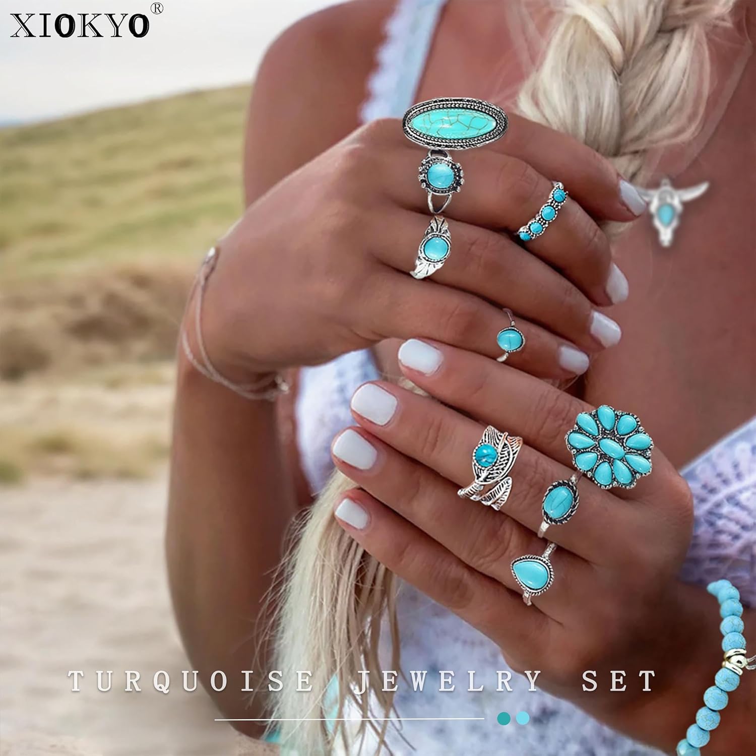 Western Turquoise Jewelry for Women Boho Rings Necklaces Bohemian Earrings Concho Belt Bracelets Set - Image 9
