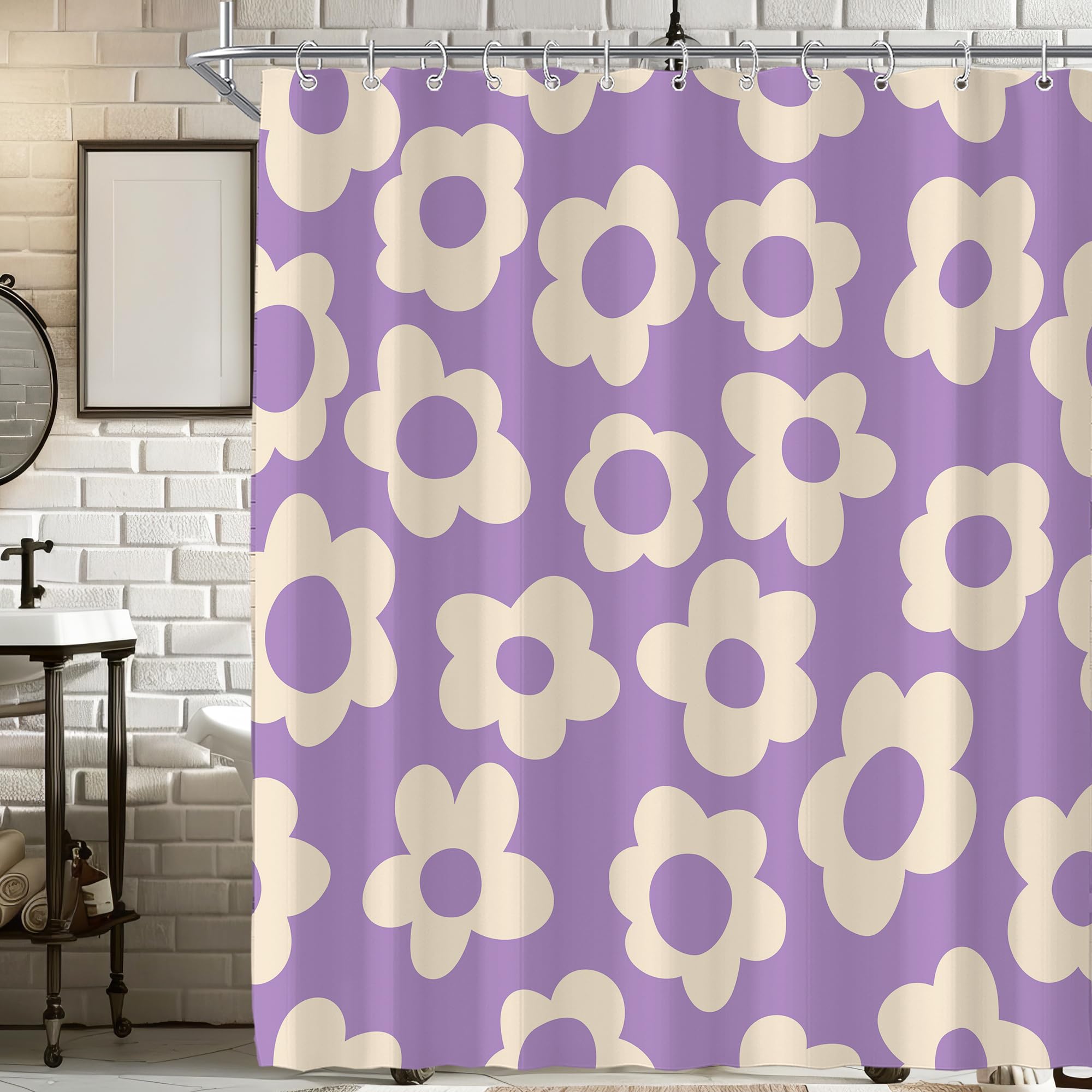 Visioun Purple Cute Retro Floral Abstract Flower Shower Curtain for Bathroom 72W*72H Inch 70s Lovely Vintage Aesthetic Funky Bathtub Decor Modern