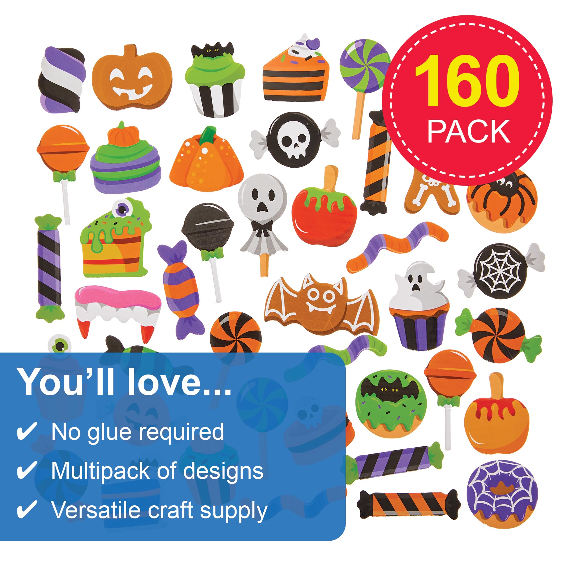 Baker Ross FN289 Halloween Trick or Treat Sweets Foam Stickers - Pack of 160, Halloween Stickers for Kids - Image 2