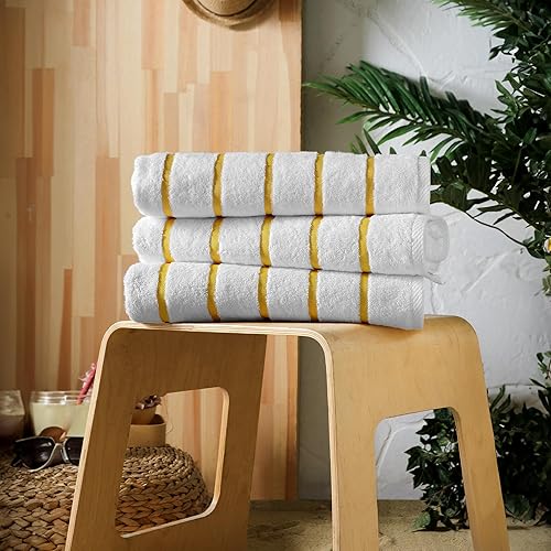 Miniatura 3 de Paquete de 3 toallas de playa a rayas amarillas, grandes, de gran tamaño, 100% algodón, toalla de playa turca, calidad de hotel, lujosa, 460 GSM,