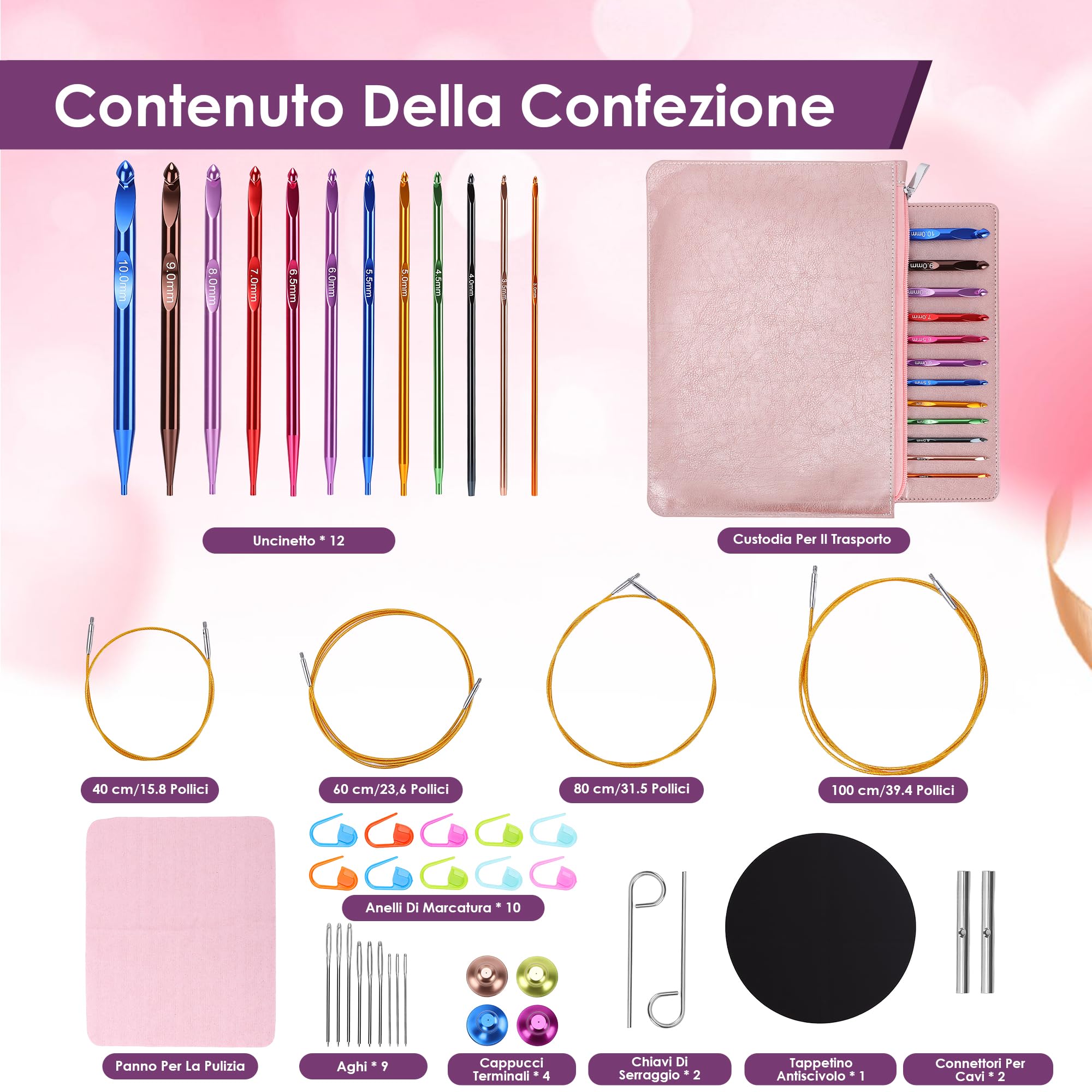 Set di 12 Uncinetti Tunisini Intercambiabili, Uncinetti Afgani in Lega di Alluminio, Dimensioni 3,0-10,0mm, Fili 40cm 60cm 80cm 100cm per Tappeti, Maglioni, Sciarpe
