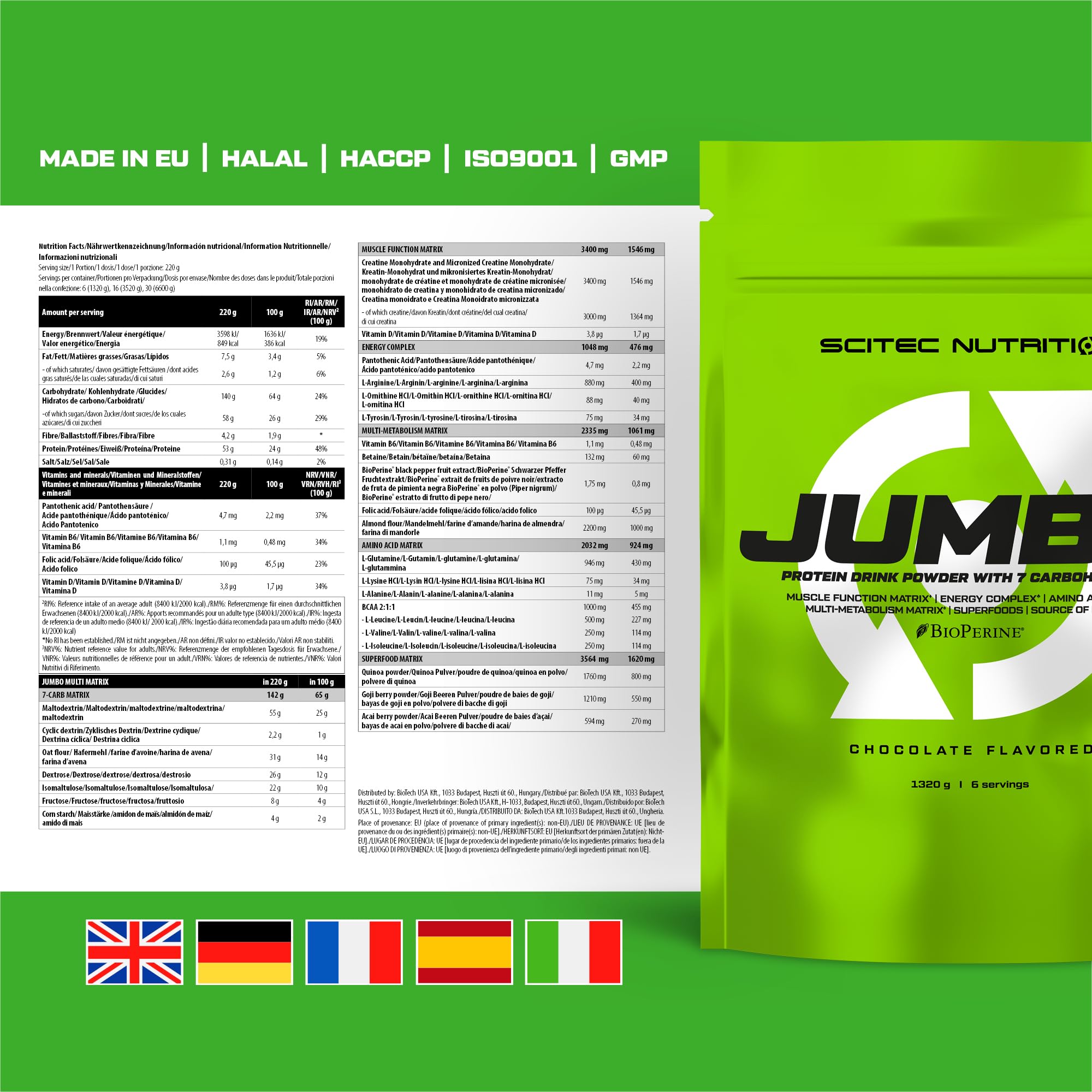 Scitec Nutrition Jumbo - Integratore di peso ad alto contenuto calorico - con proteine multicomponenti - matrice di aminoacidi - matrice metabolica - miscela di superalimenti, 1,32 kg, Cioccolato