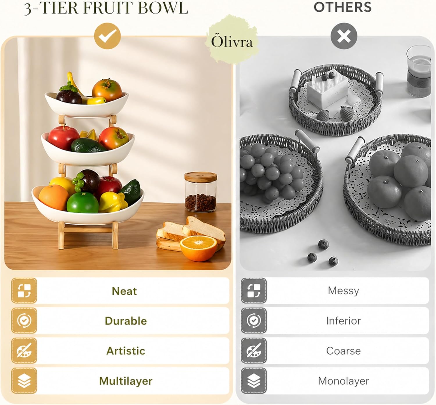 Fruit Bowl Stand 3-Tier, Bamboo Frame with White Porcelain Dishes, Elegant Countertop Organizer for Fruits, Vegetables, Bread, Snacks and Home Kitchen Display image 4