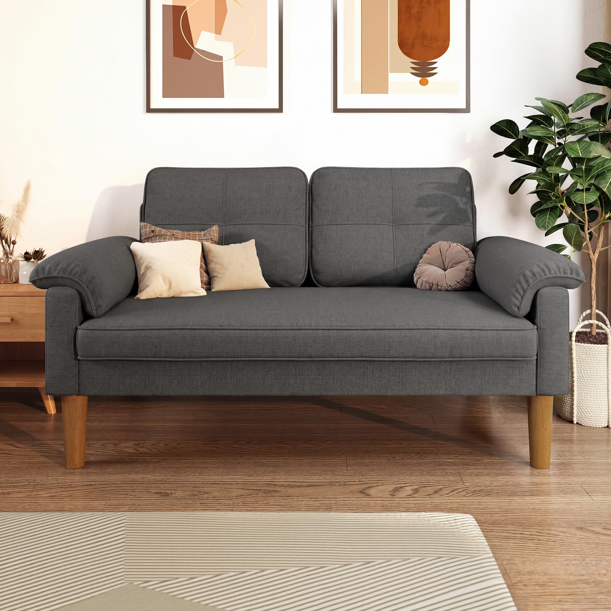 Xbro Divano a 2 Posti con Braccioli e Tasche Laterali, Piccolo Divano in Tessuto per Soggiorno, Appartamento, Ufficio, Facile da Montare, 145 x 77 x 77 cm, Grigio Scuro