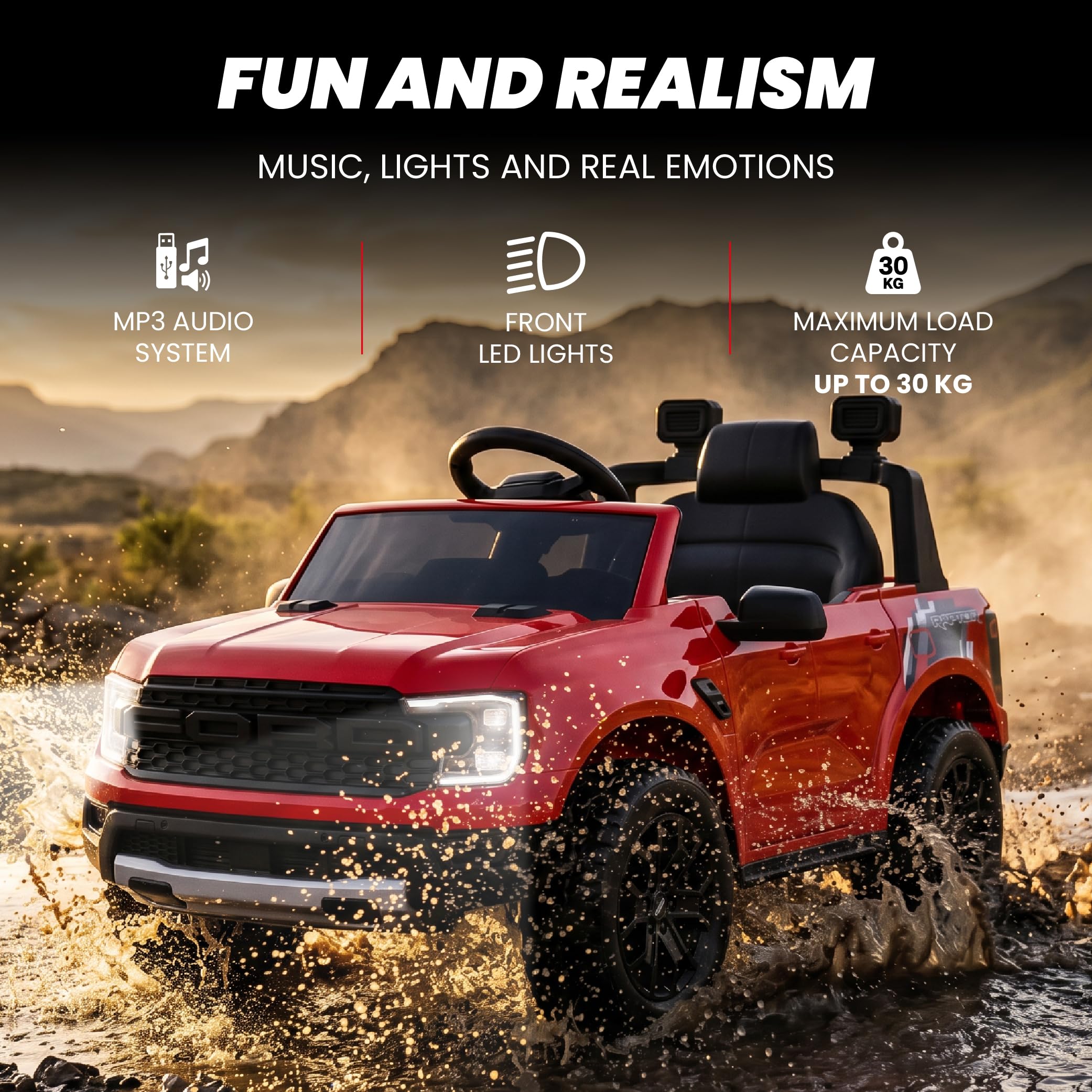 SUN BABY Ford Raptor - Auto Elettrica per Bambini 3-6 Anni, Macchina Elettrica 12V 4,5Ah, Telecomando Genitori, MP3, Luci LED, Sospensioni - Rosso